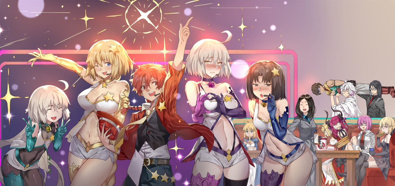 alexander_(fate/grand_order), arash_(fate/grand_order), artoria_pendragon_(fate), artoria_pendragon_alter_(fate), bodysuit, breast_grab, cleavage, dress