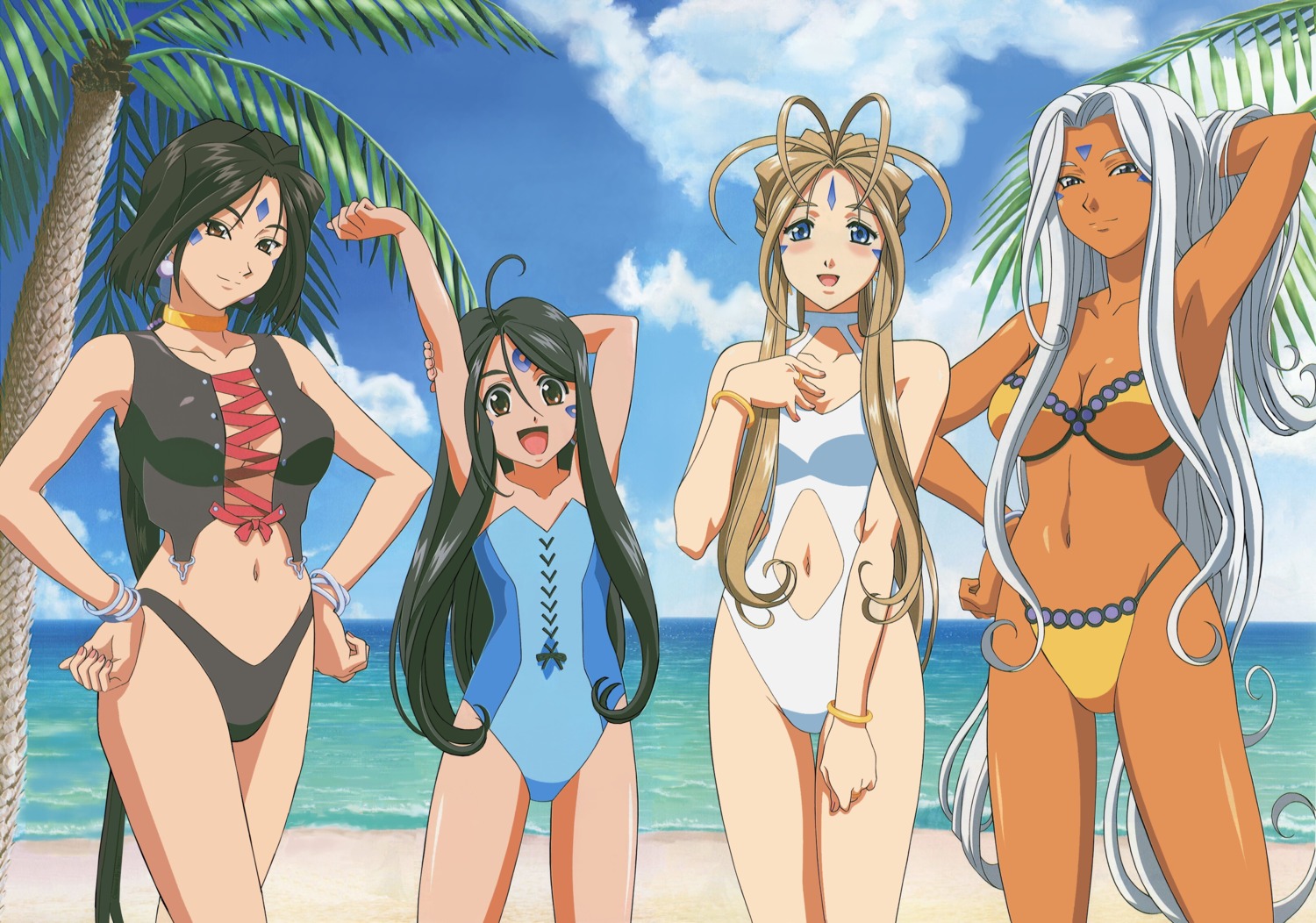 ah_my_goddess, ah_my_goddess:_sorezore_no_tsubasa, belldandy, bikini, cleavage, peorth, satou_michio, skuld, swimsuits, urd