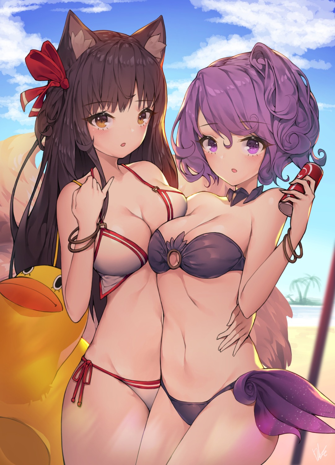 ahri, animal_ears, bikini, cleavage, dduck_kong, league_of_legends, luxanna_crownguard, swimsuits, tail