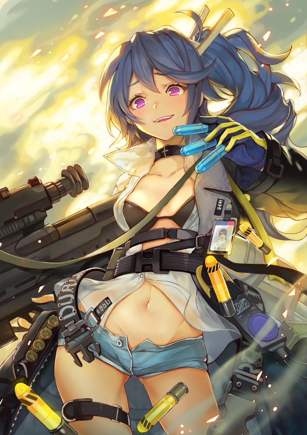 bikini_top, cleavage, garter, girls_frontline, gun, k11_(girls_frontline), open_shirt, see_through, sibyl, swimsuits