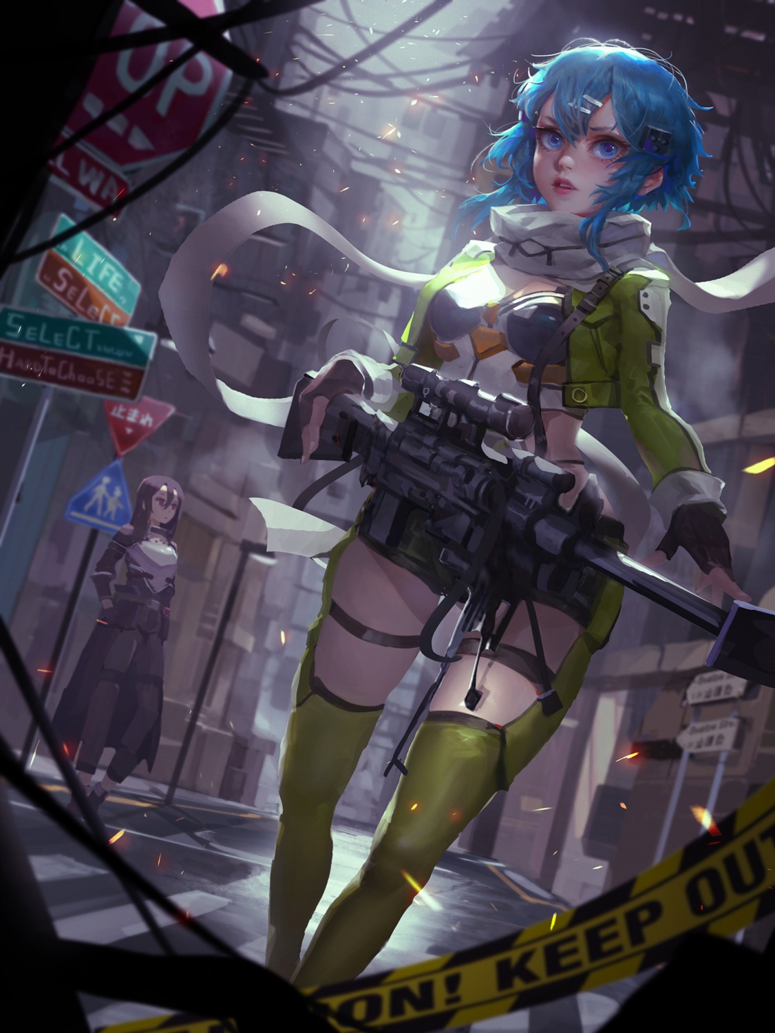 cleavage, crow_tian, garter, gun, gun_gale_online, kirito, sinon, sword_art_online, thighhighs
