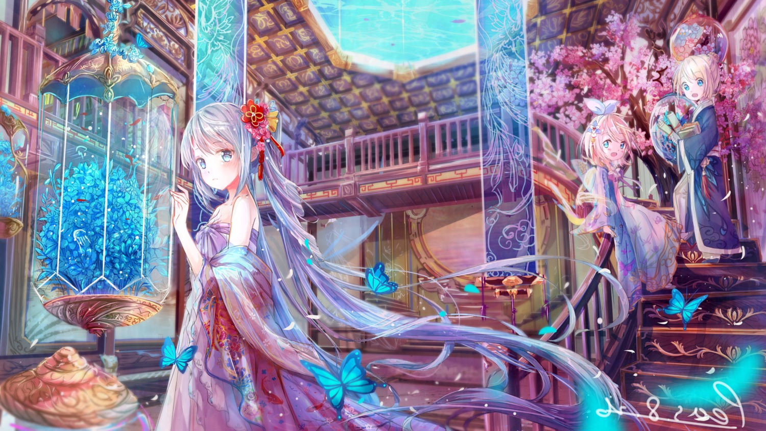 asian_clothes, hatsune_miku, kagamine_len, kagamine_rin, peas_(peas0125), pointy_ears, vocaloid, wallpaper
