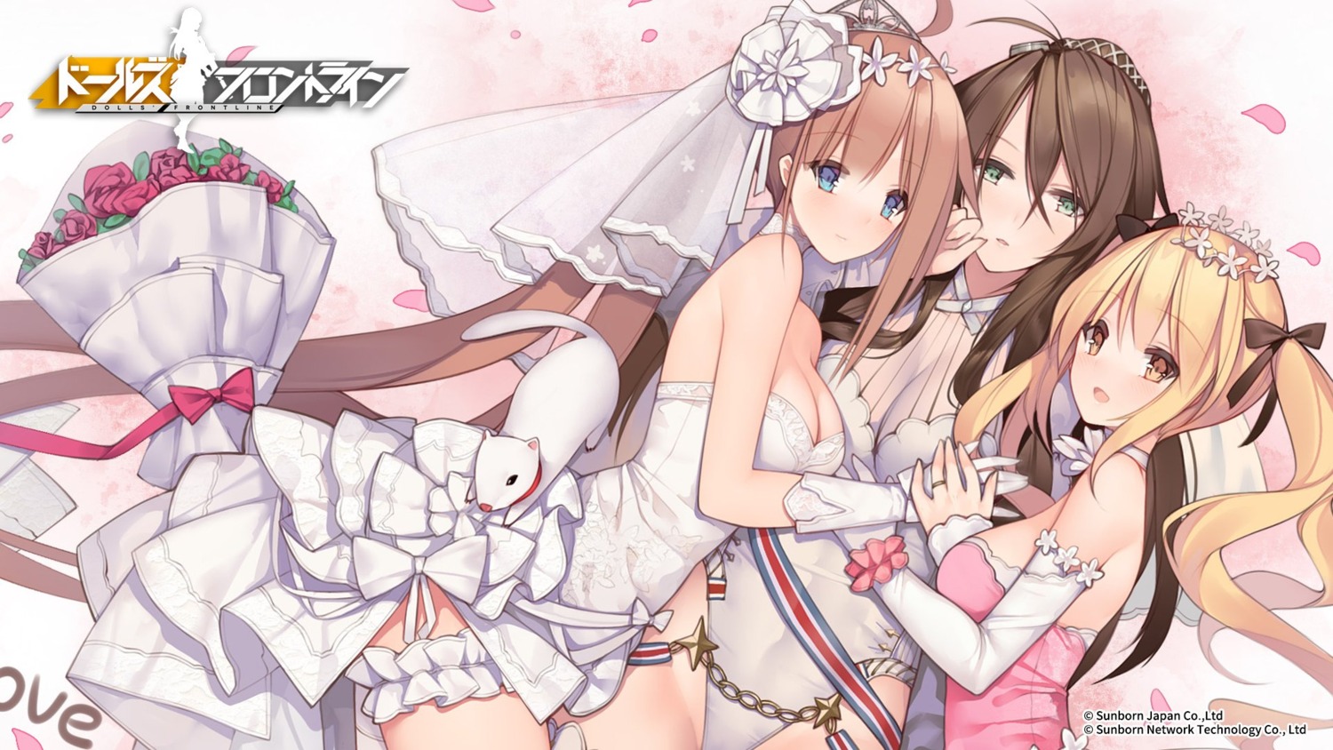 cleavage, dress, fal_(girls_frontline), garter, girls_frontline, lee_enfield_(girls_frontline), leotard, see_through, sten_mk2_(girls_frontline), suisai., wallpaper, wedding_dress