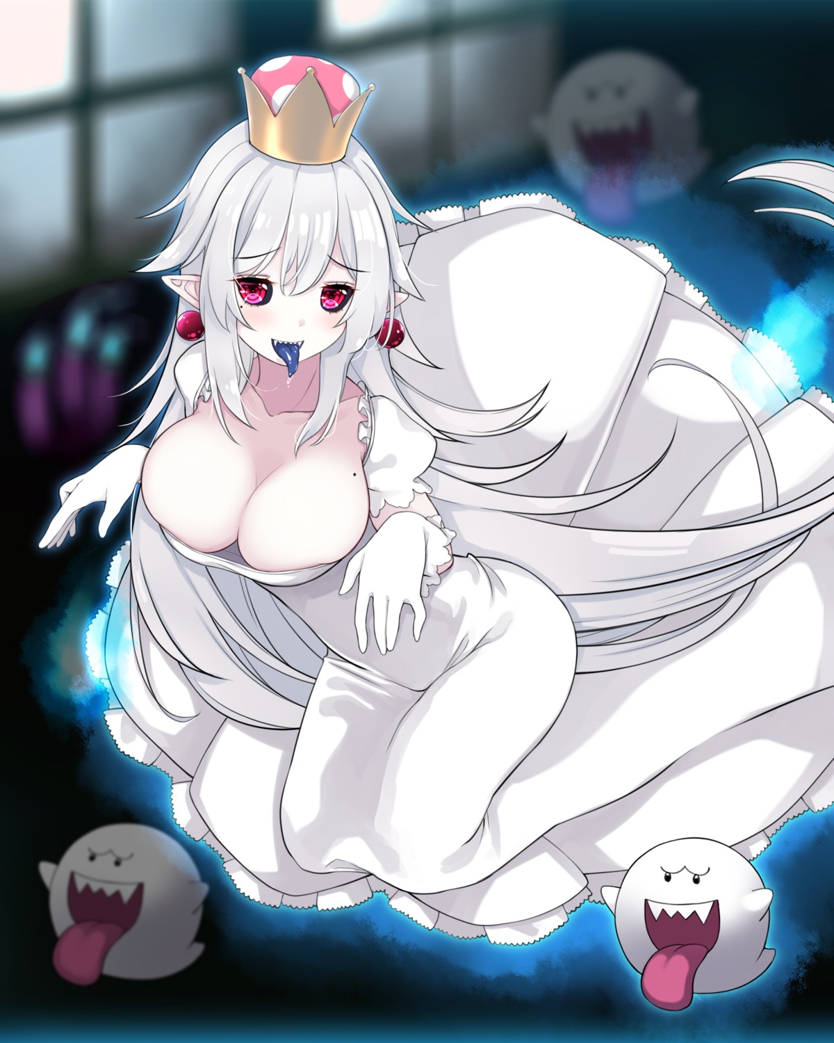 cleavage, dress, king_boo, kiyomin, luigi's_mansion, new_super_mario_bros._u_deluxe, no_bra, pointy_ears