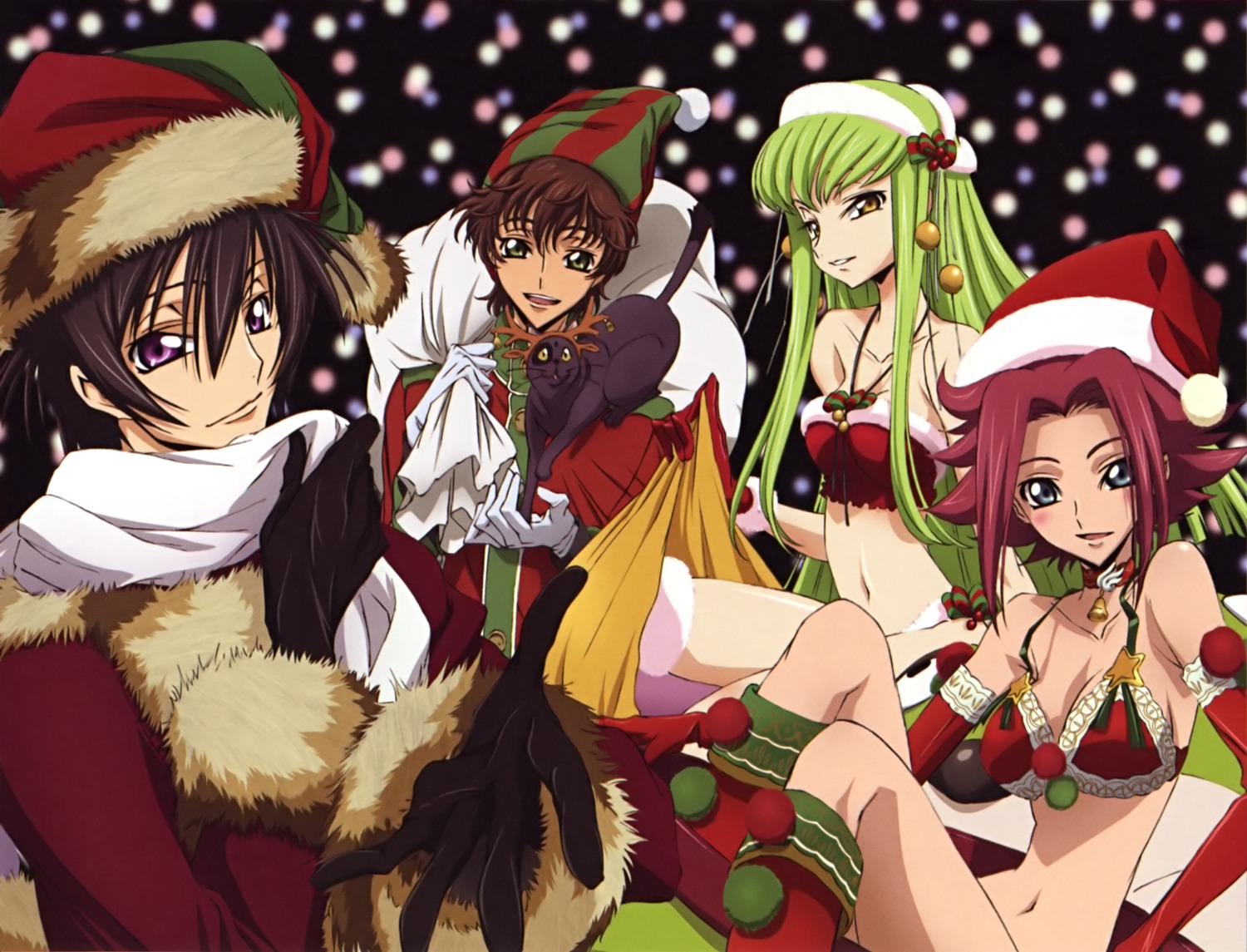 arthur_(code_geass), bra, c.c., christmas, cleavage, code_geass, kallen_stadtfeld, kururugi_suzaku