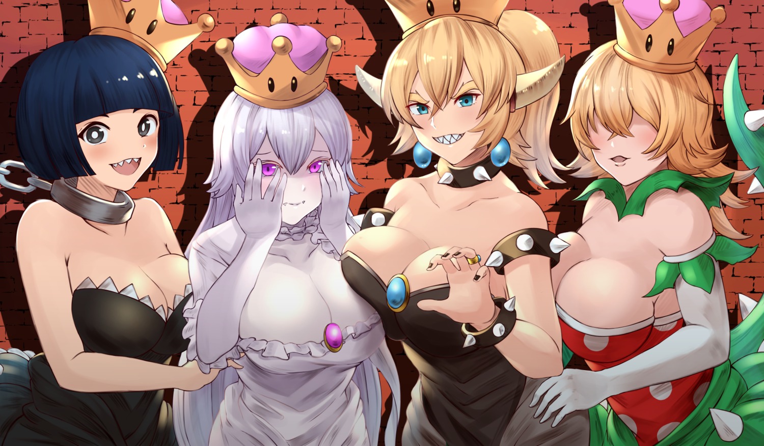 bowsette, cleavage, dress, haido_(ryuuno_kanzume), horns, mario_bros., new_super_mario_bros._u_deluxe, piranha_plant