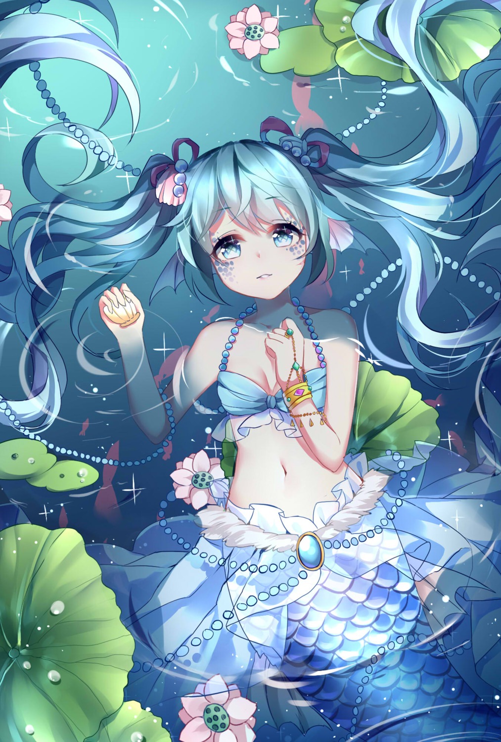 bikini_top, breast_hold, chuo_zi, cleavage, hatsune_miku, mermaid, monster_girl, swimsuits