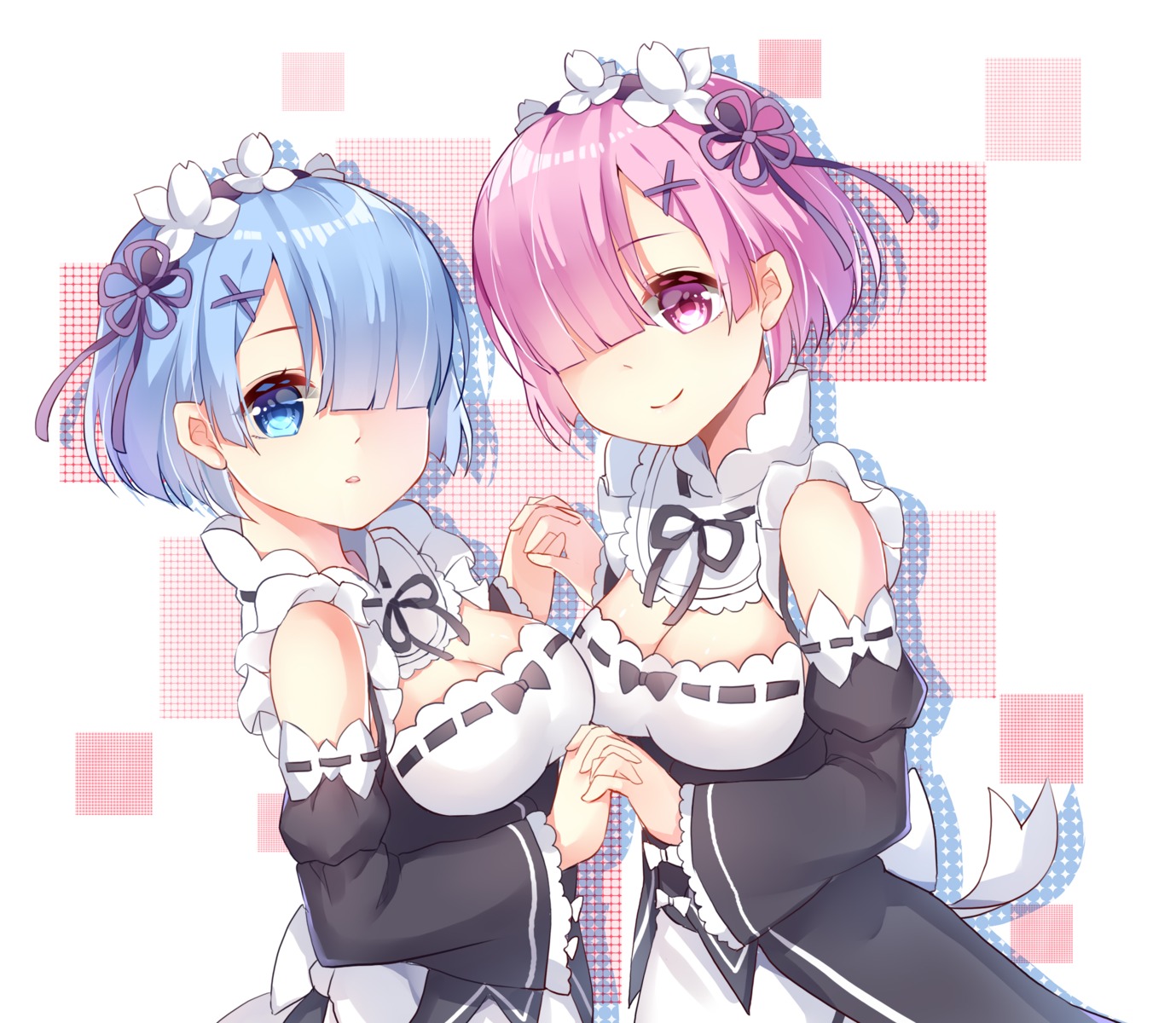 chuo_zi, cleavage, maid, ram_(re_zero), re:zero_kara_hajimeru_isekai_seikatsu, rem_(re_zero)