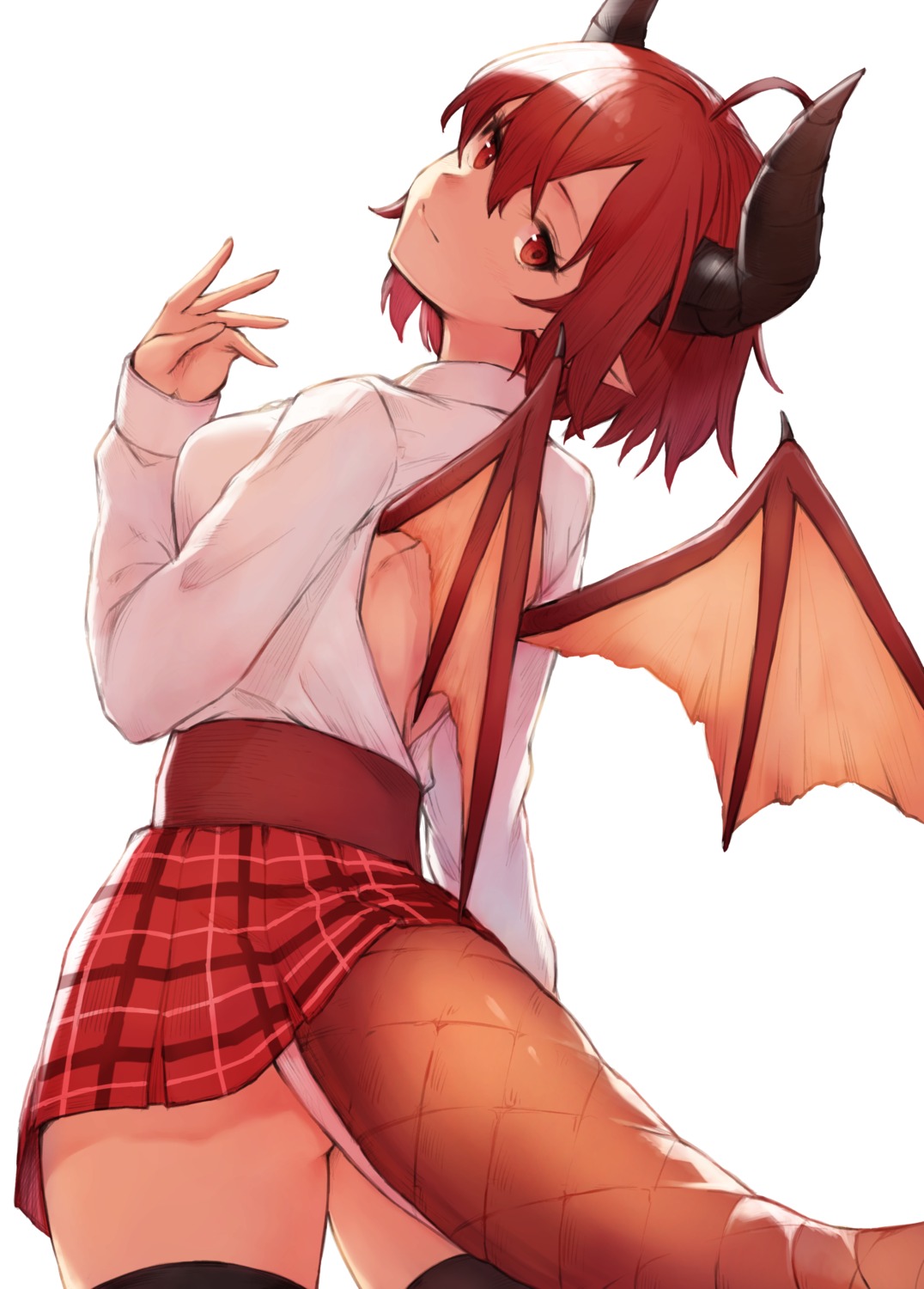 granblue_fantasy, grea, horns, izuki_azuma, pointy_ears, skirt_lift, tail, thighhighs, wings