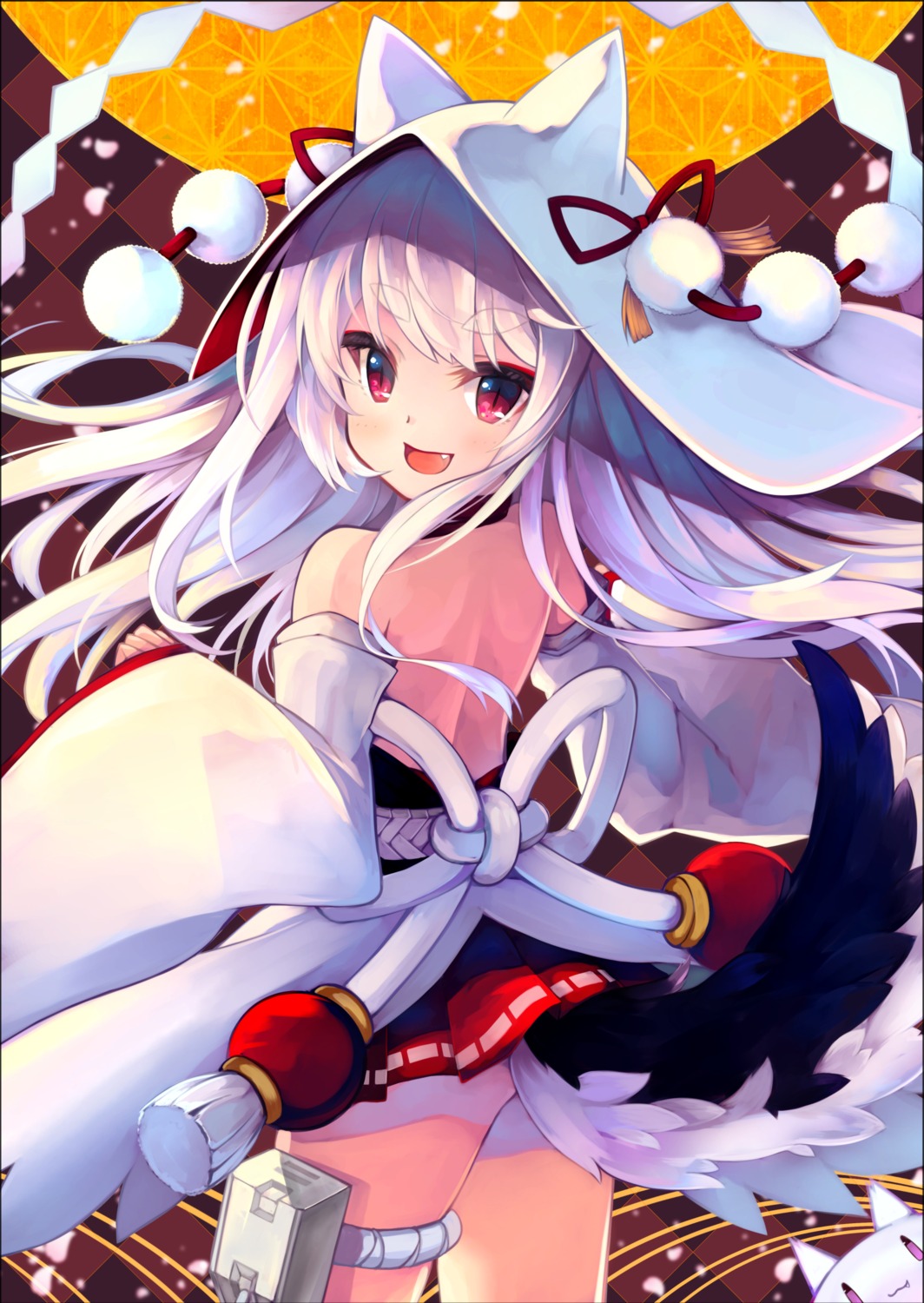 animal_ears, azur_lane, japanese_clothes, otogi_kyouka, skirt_lift, tail, yuudachi_(azur_lane)