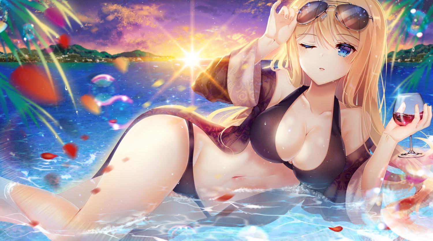bikini, cleavage, ecu8080, girls_frontline, m1918_bar_(girls_frontline), megane, open_shirt, swimsuits, wet