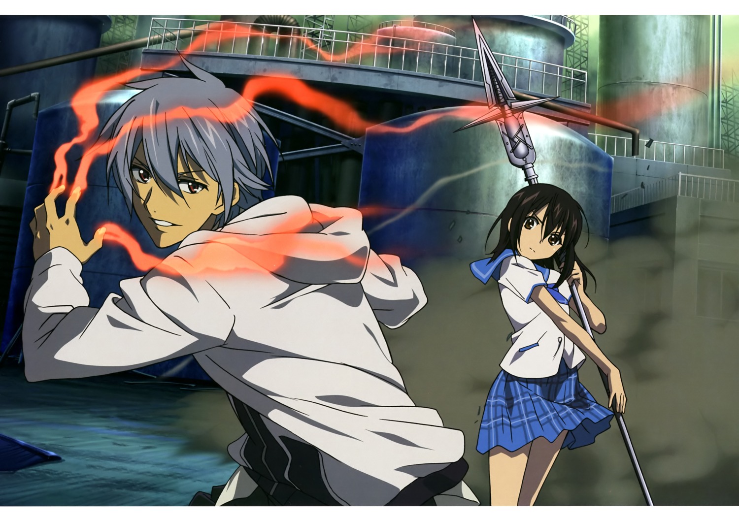 akatsuki_kojou, himeragi_yukina, myouchin_usaku, seifuku, skirt_lift, strike_the_blood, weapon
