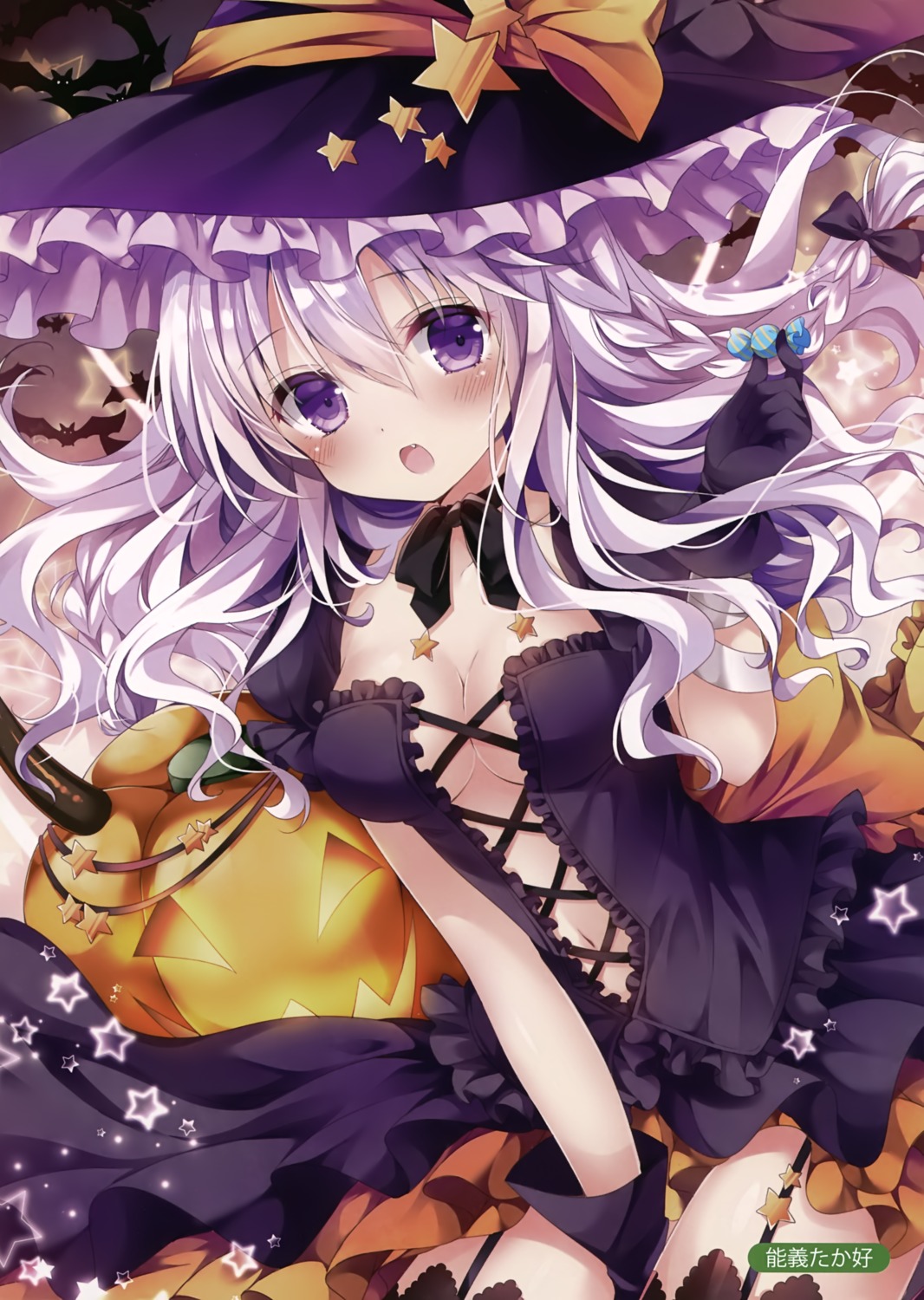 cleavage, dress, halloween, melonbooks, no_bra, nogi_takayoshi, stockings, thighhighs, witch
