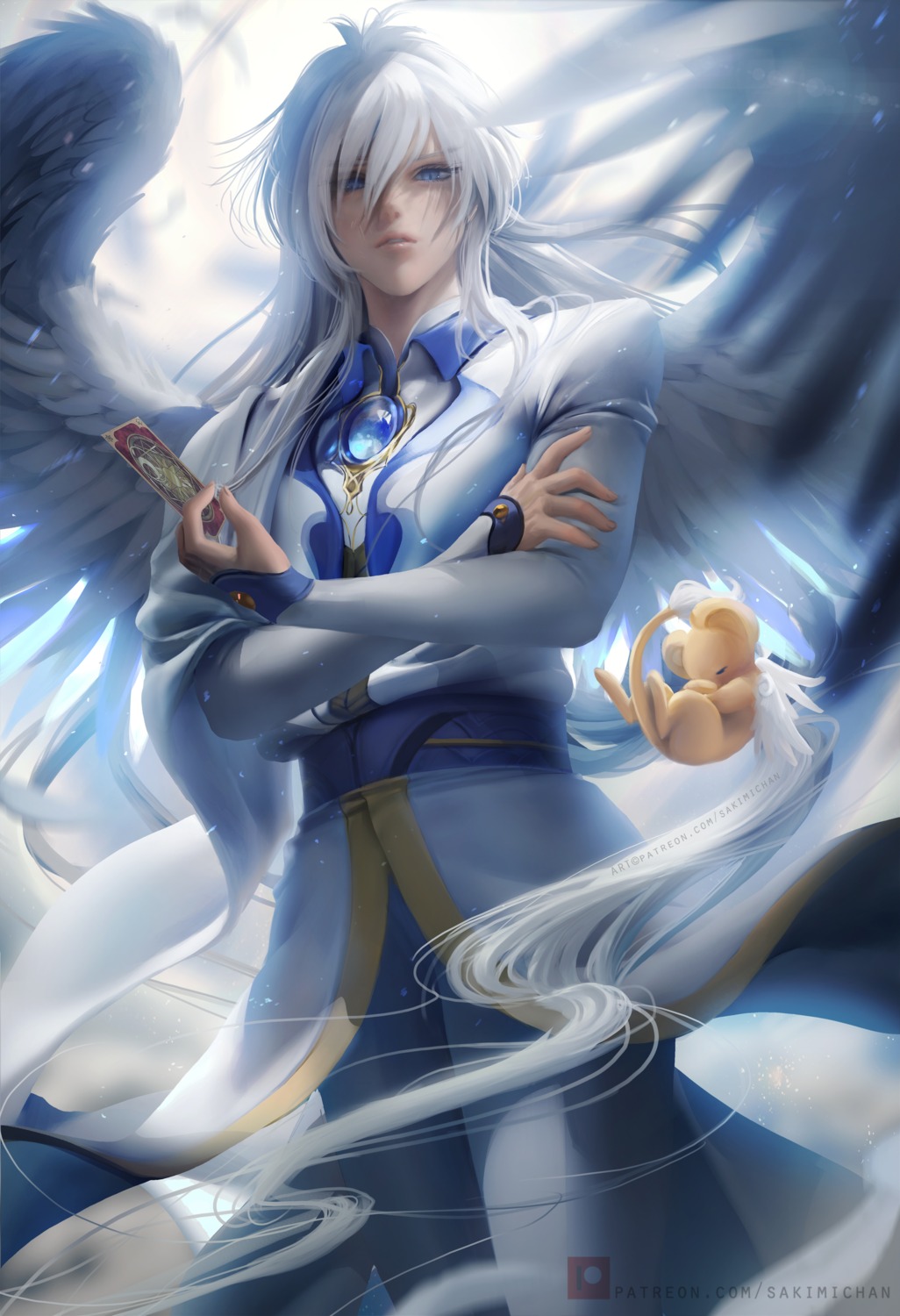 card_captor_sakura, kerberos, male, official_watermark, sakimichan, wings, yue
