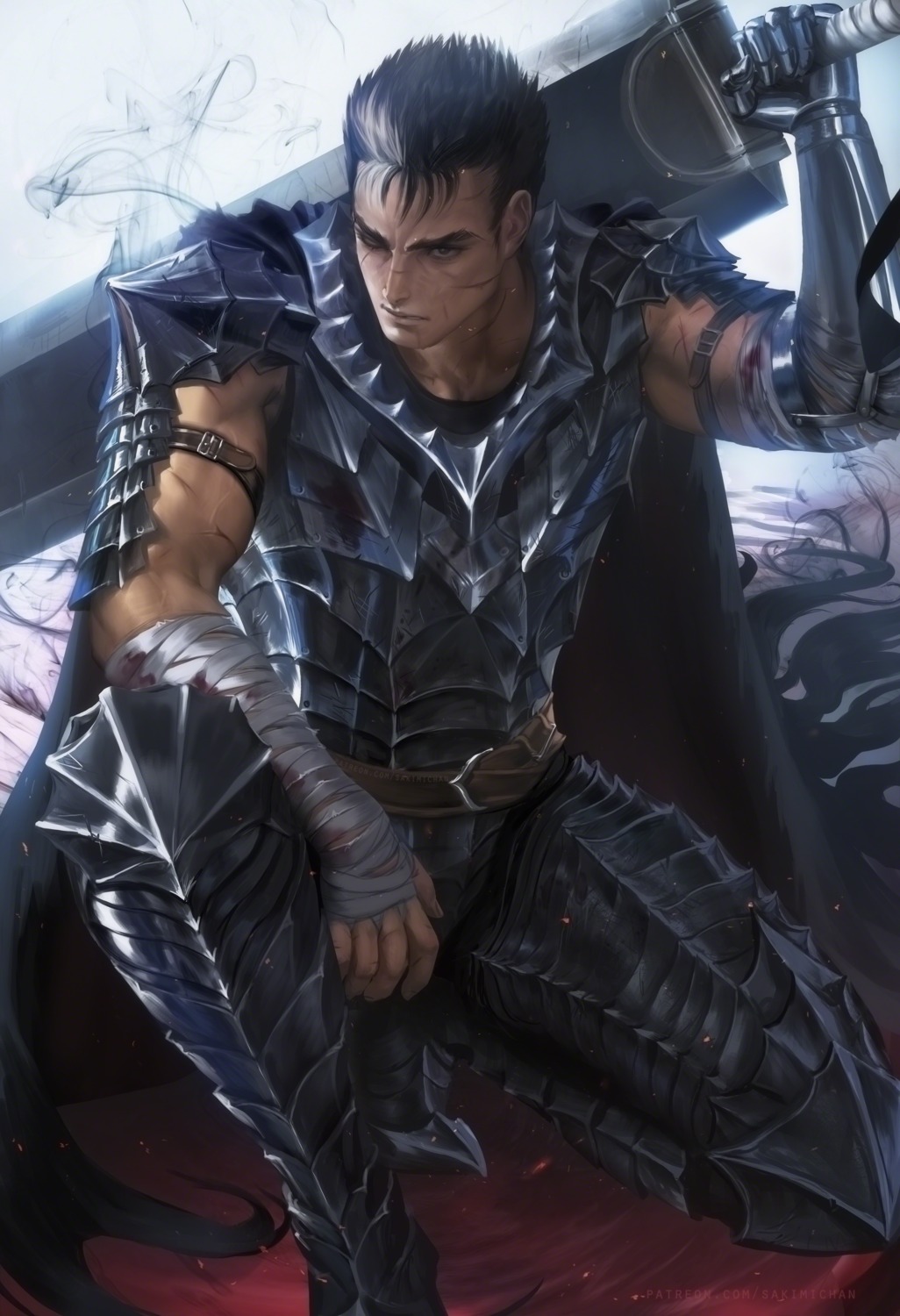 armor, berserk, guts, male, official_watermark, sakimichan, sword
