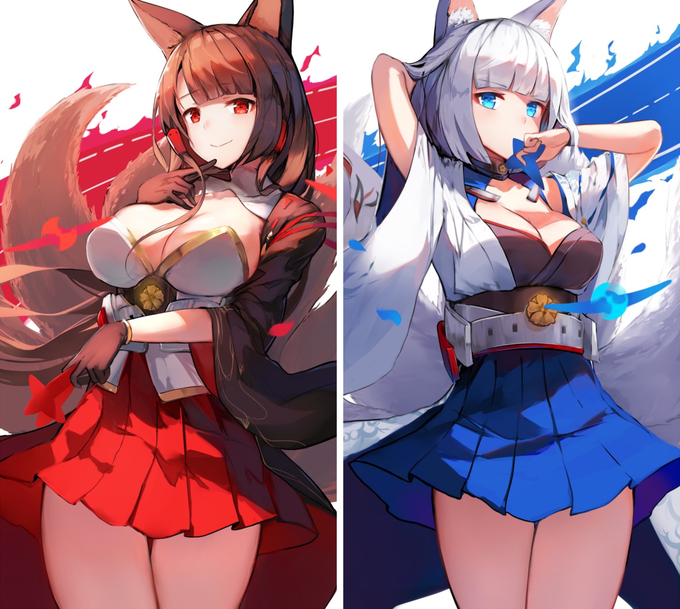 akagi_(azur_lane), animal_ears, azur_lane, cleavage, japanese_clothes, kaga_(azur_lane), kitsune, natsumoka, tail