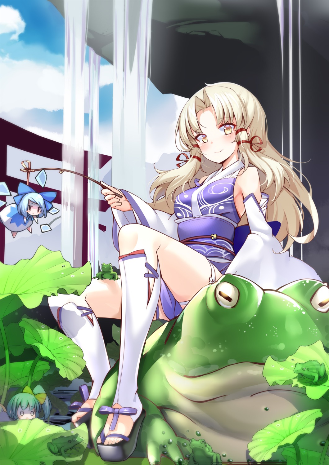 cirno, daiyousei, garter, japanese_clothes, moriya_suwako, ootsuki_momiji, touhou, wings