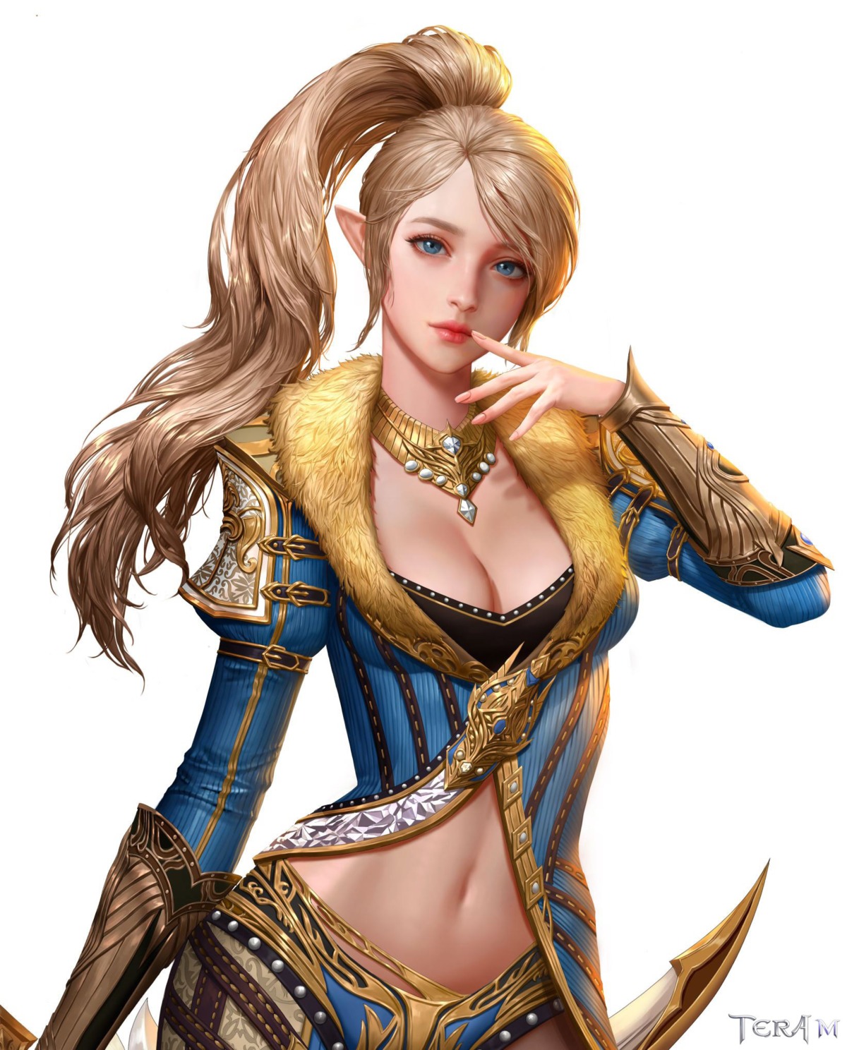 armor, cleavage, dospi, pointy_ears, tera_online, weapon