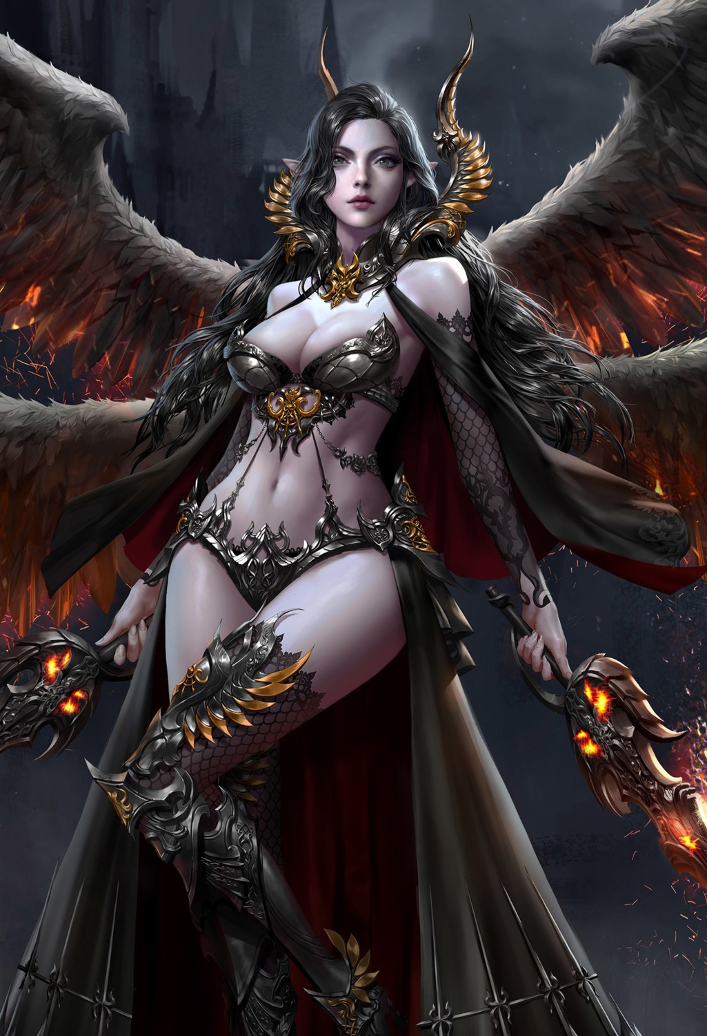 armor, bikini_armor, cleavage, dospi, era_of_angels, fishnets, heels, pointy_ears, sword, thighhighs, wings