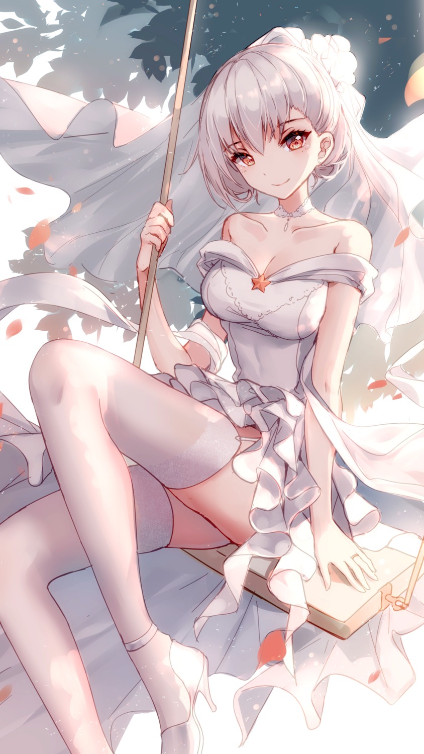 bison_cangshu, cleavage, dress, girls_frontline, heels, rmb-93_(girls_frontline), thighhighs, wedding_dress