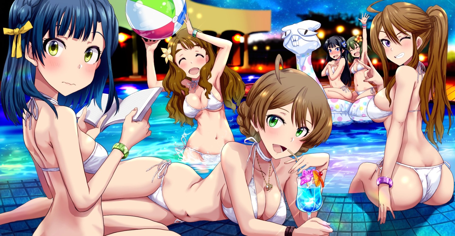 ass, bikini, breast_hold, cleavage, miyao_miya, mogami_shizuka, nagayoshi_subaru, nanao_yuriko, run_p_(aveton), sakuramori_kaori, swimsuits, the_idolm@ster, the_idolm@ster_million_live!, tokoro_megumi, underboob, wet