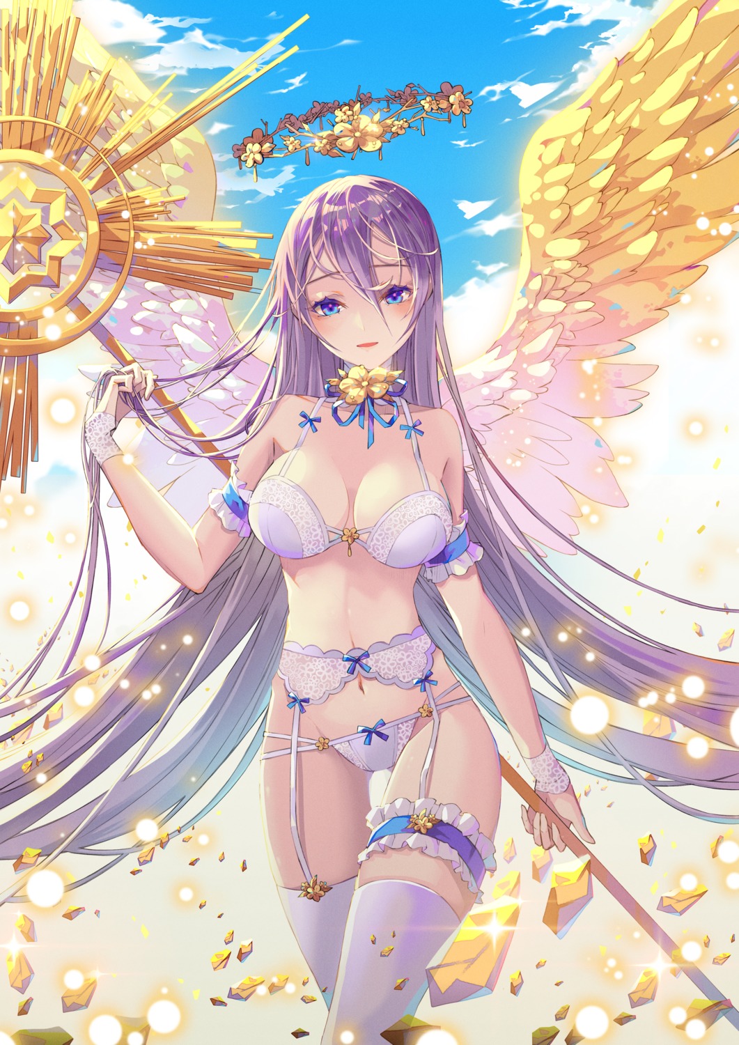 bra, cleavage, garter, garter_belt, jii_dayday, pantsu, stockings, thighhighs, weapon, wings