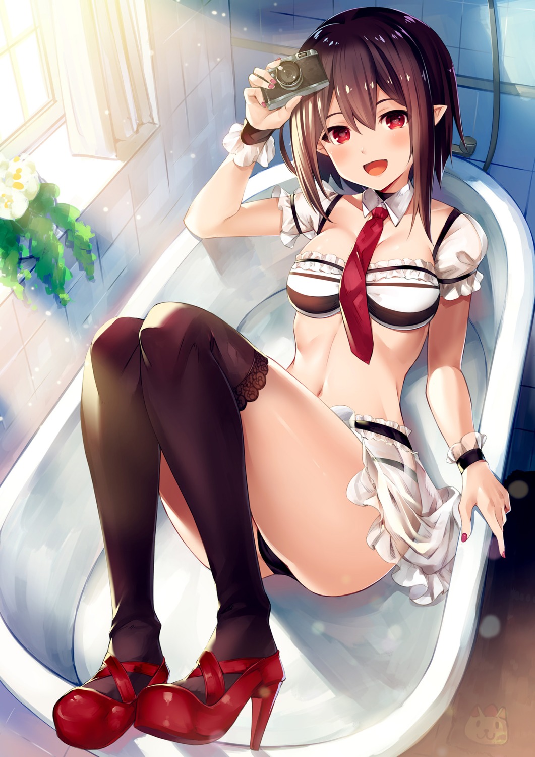 akanagi_youto, bikini, cleavage, heels, pointy_ears, see_through, shameimaru_aya, swimsuits