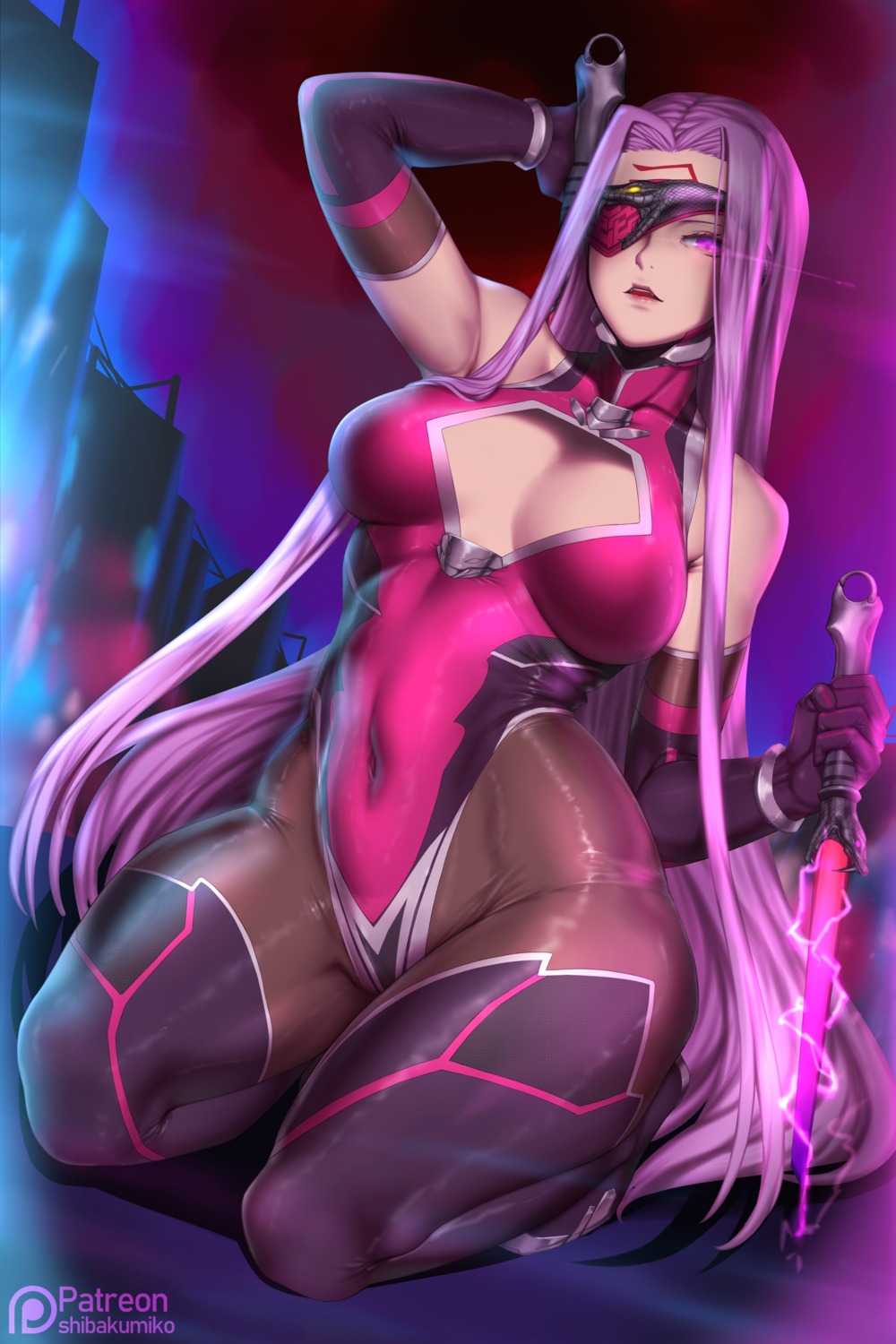 cleavage, eyepatch, fate/grand_order, fate/stay_night, kumiko_shiba, leotard, medusa_(fate), no_bra, pantyhose, tattoo, weapon