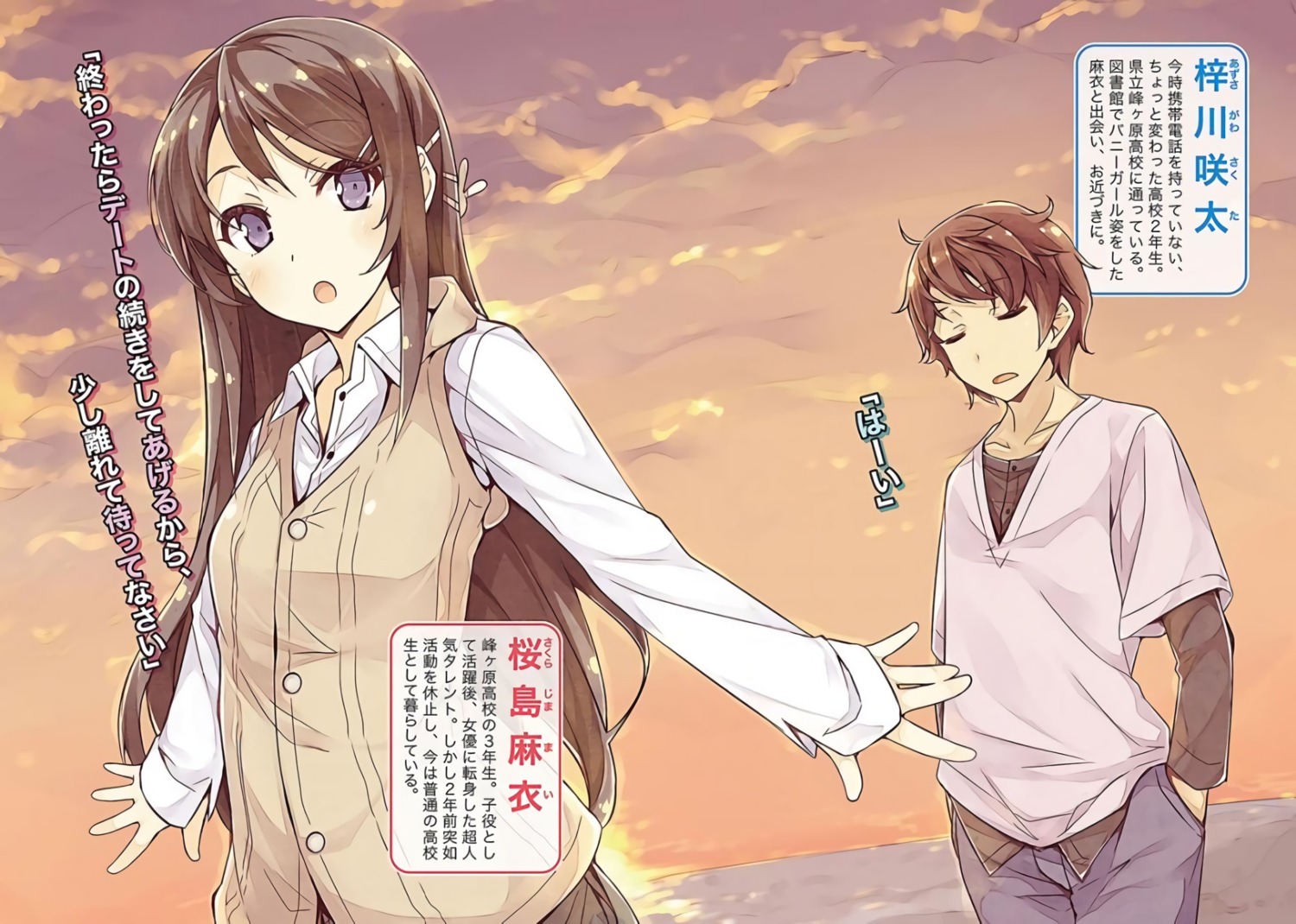 azusagawa_sakuta, dress_shirt, mizoguchi_keiji, sakurajima_mai, seishun_buta_yarou, sweater