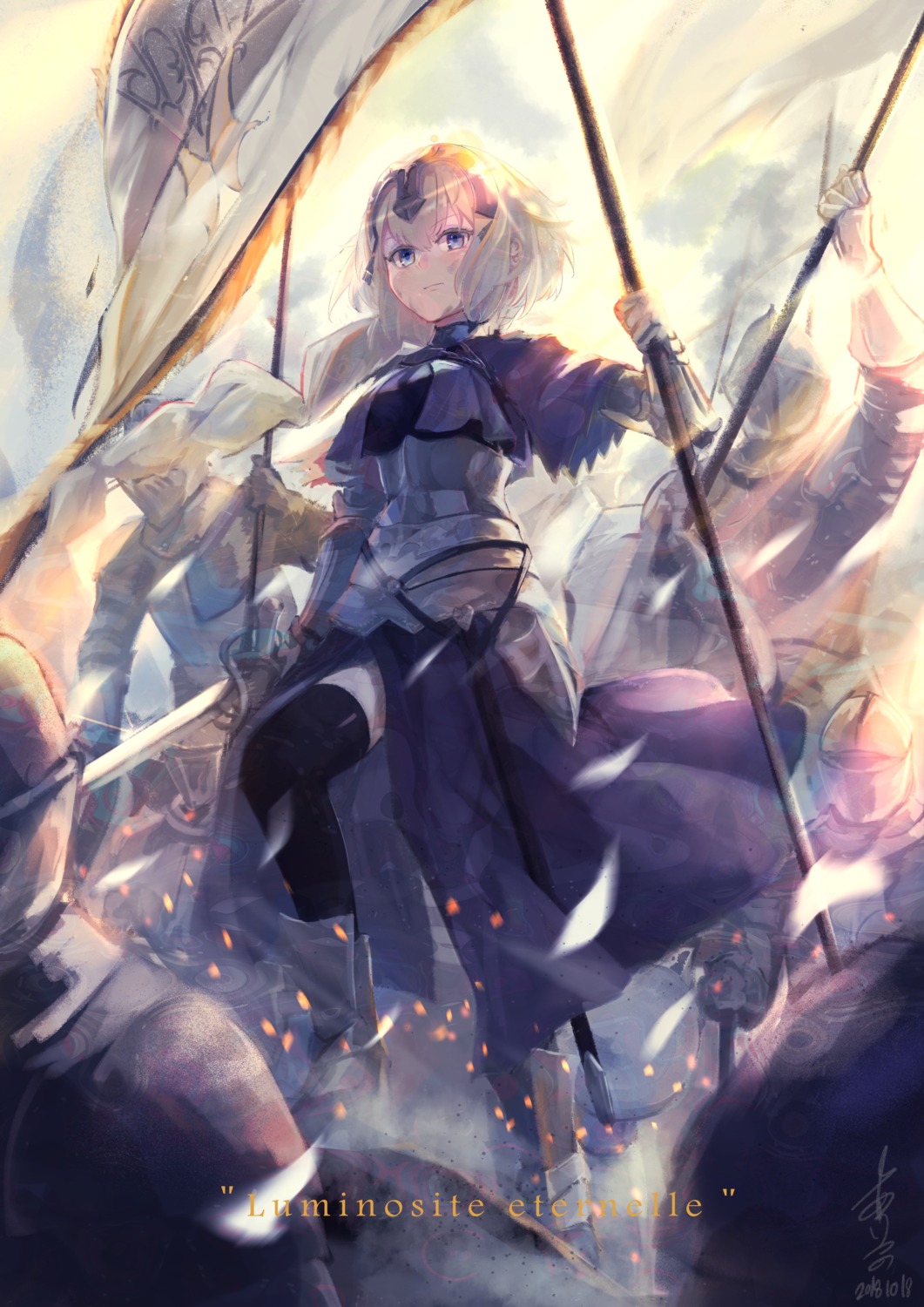 armor, ase_tou_mi_kaameru, fate/grand_order, jeanne_d'arc, jeanne_d'arc_(fate), sword, thighhighs