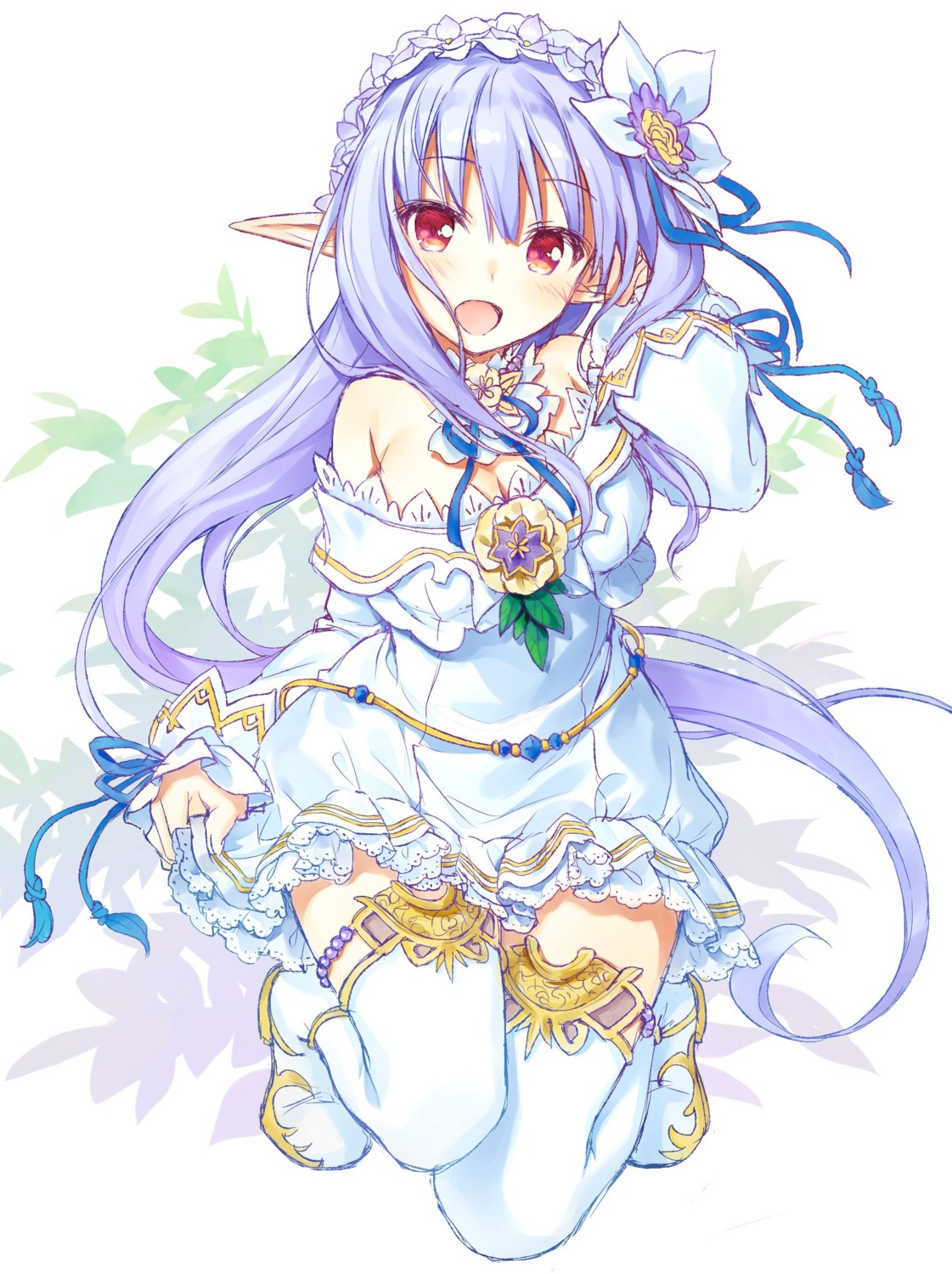 august, cleavage, dmm_games, dress, iris_mysteria!_~shoujo_no_tsumugu_yume_no_hiseki~, natsuno_io, pointy_ears, sketch, thighhighs, yuu_(iris_mysteria!)