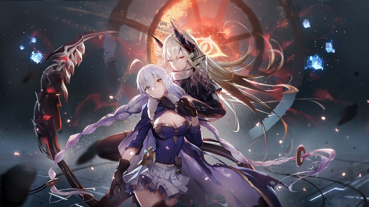 10_project, armor, clare_(543), cleavage, heterochromia, horns, thighhighs