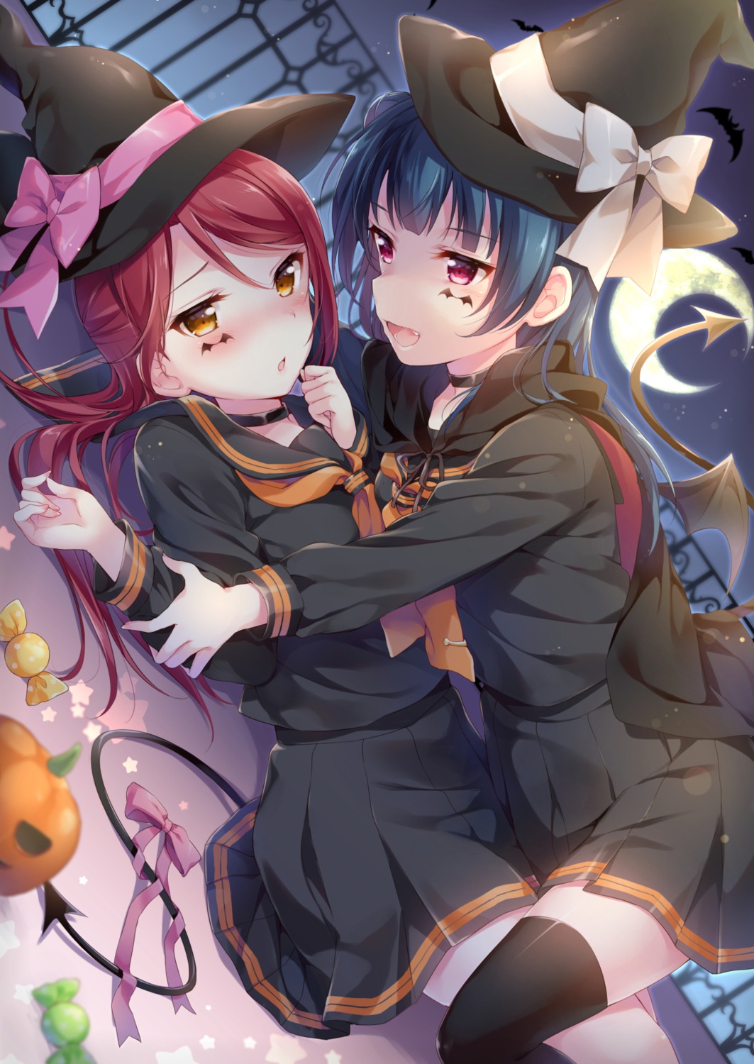halloween, hazuki_(sutasuta), love_live!_(series), love_live!_sunshine!!, sakurauchi_riko, seifuku, symmetrical_docking, tail