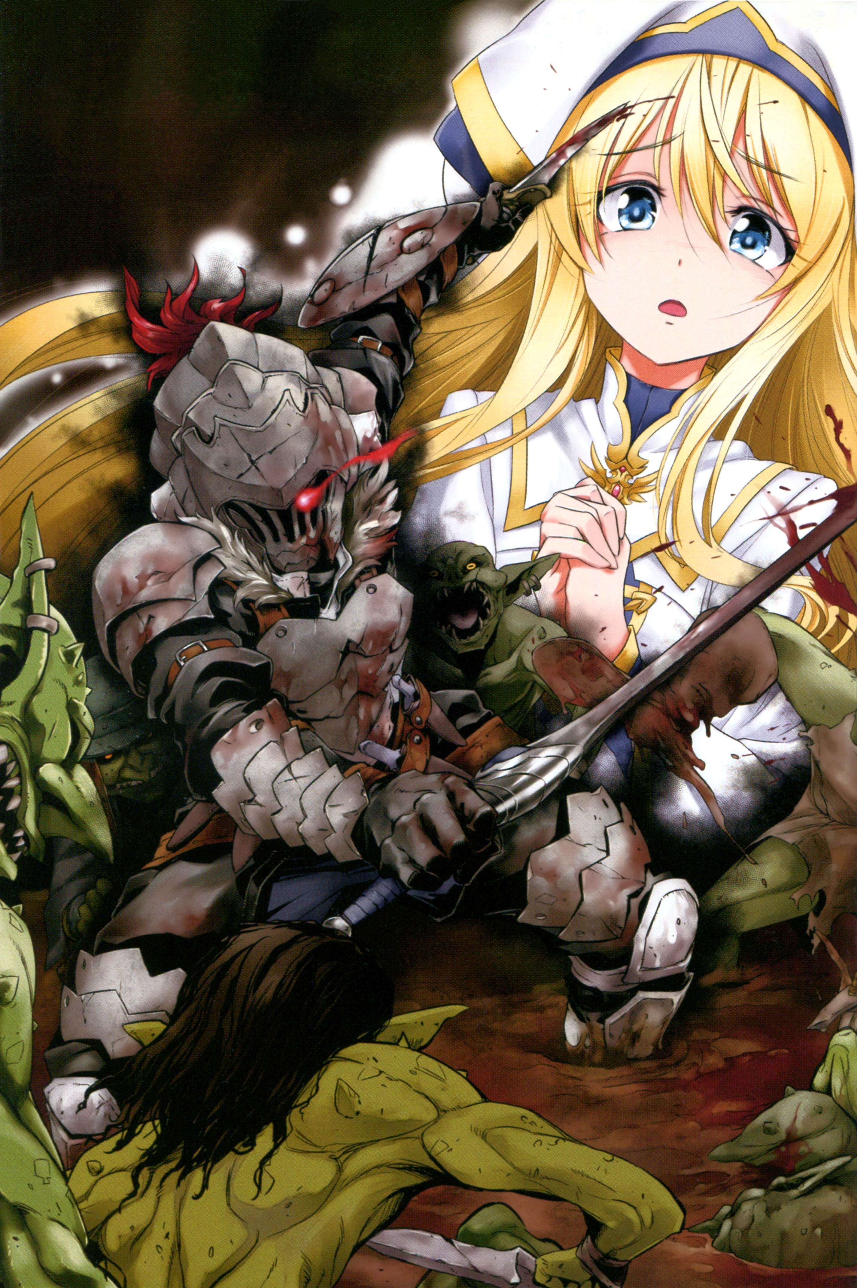 armor, blood, goblin_slayer, goblin_slayer_(character), kurose_kousuke, monster, priestess, sword