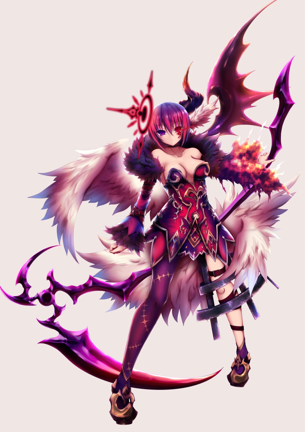 akina, armor, destiny_child, garter, heterochromia, horns, no_bra, weapon