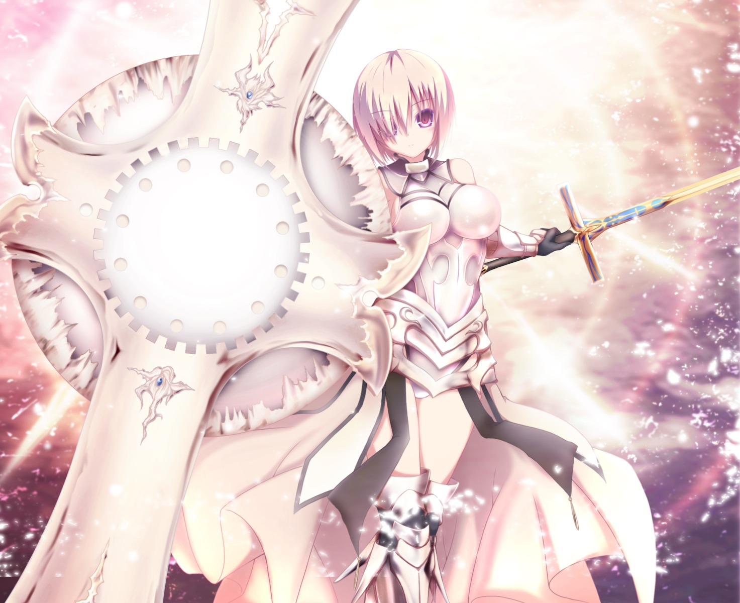 akina, armor, fate/grand_order, leotard, mash_kyrielight, sword, thighhighs