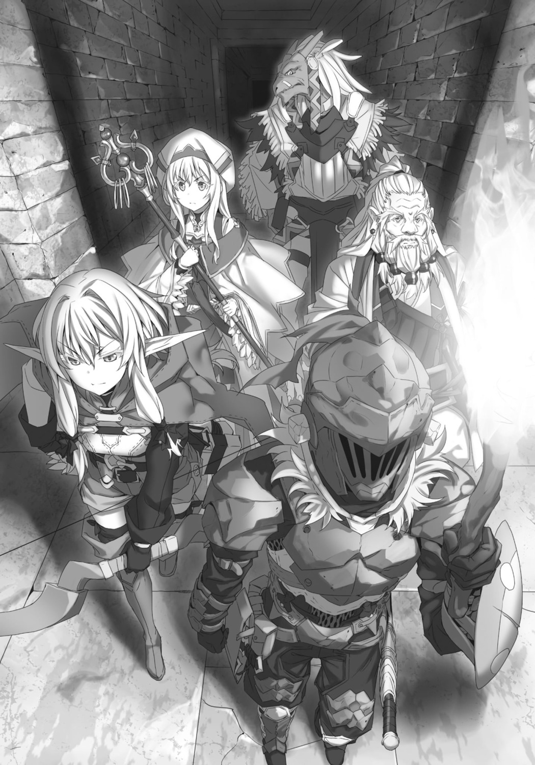 armor, dwarf_shaman, elf, goblin_slayer, goblin_slayer_(character), high_elf_archer, kannatsuki_noboru, lizard_priest