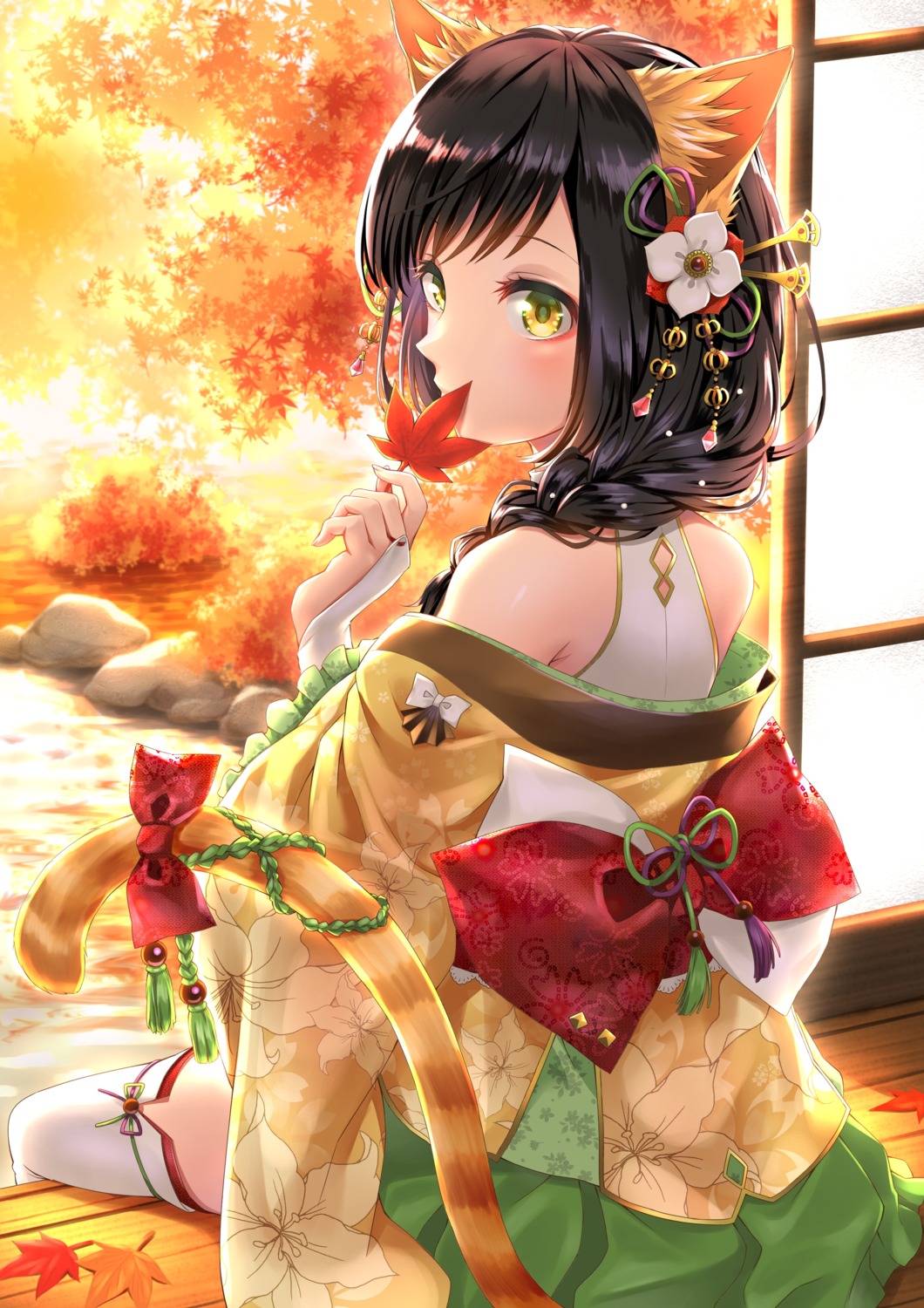 animal_ears, japanese_clothes, nekomimi, routo_(rot_0), tail, thighhighs