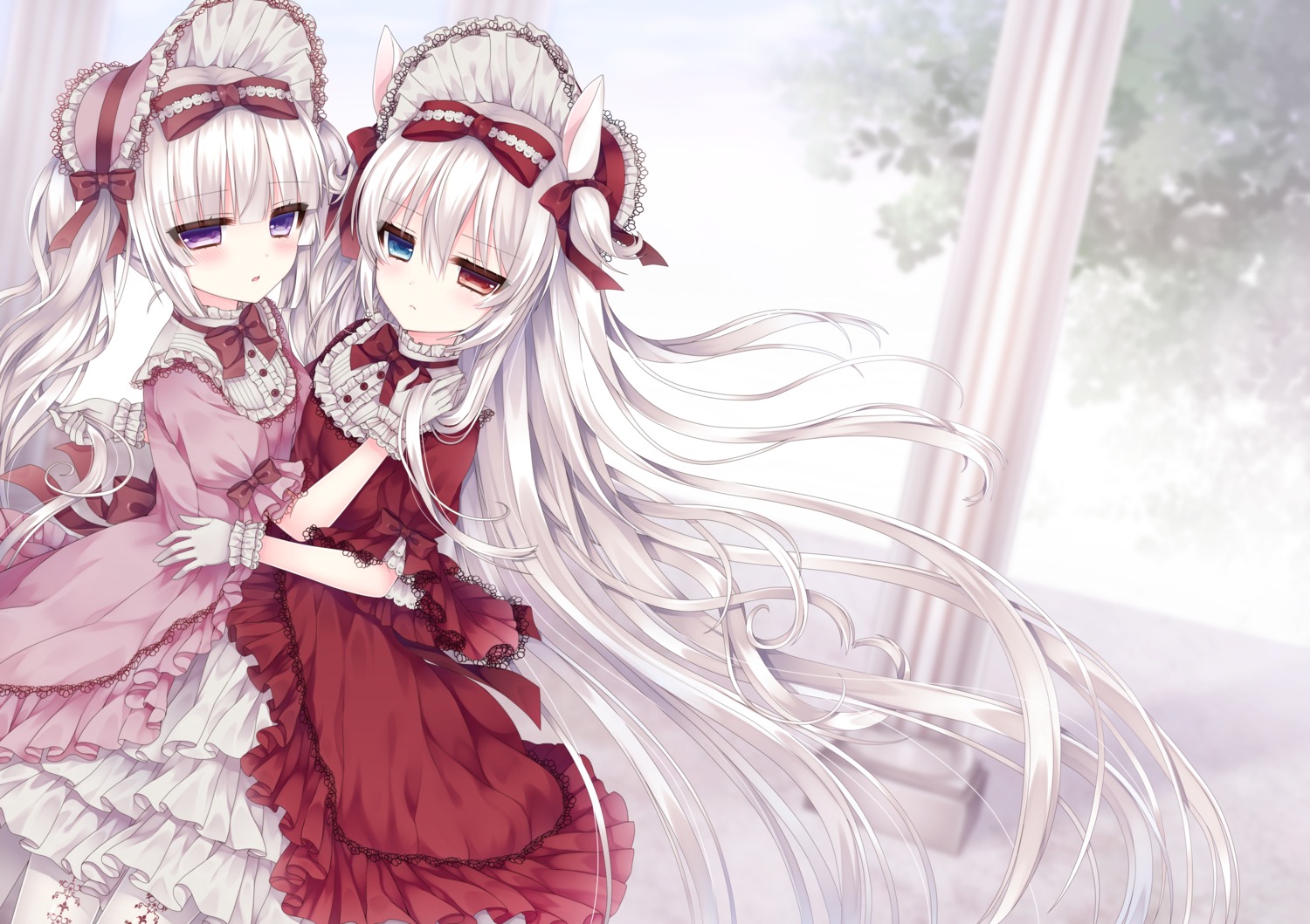animal_ears, dress, gothic_lolita, heterochromia, lolita_fashion, symmetrical_docking, tsukikage_nemu