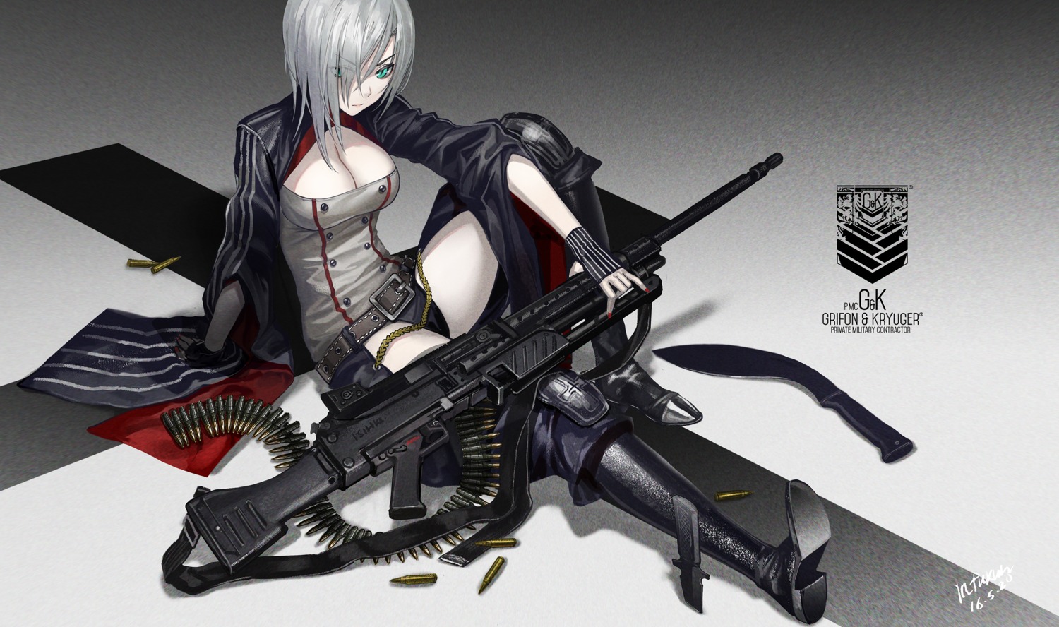 cleavage, girls_frontline, gun, heels, infukun, mg5_(girls_frontline), pantsu