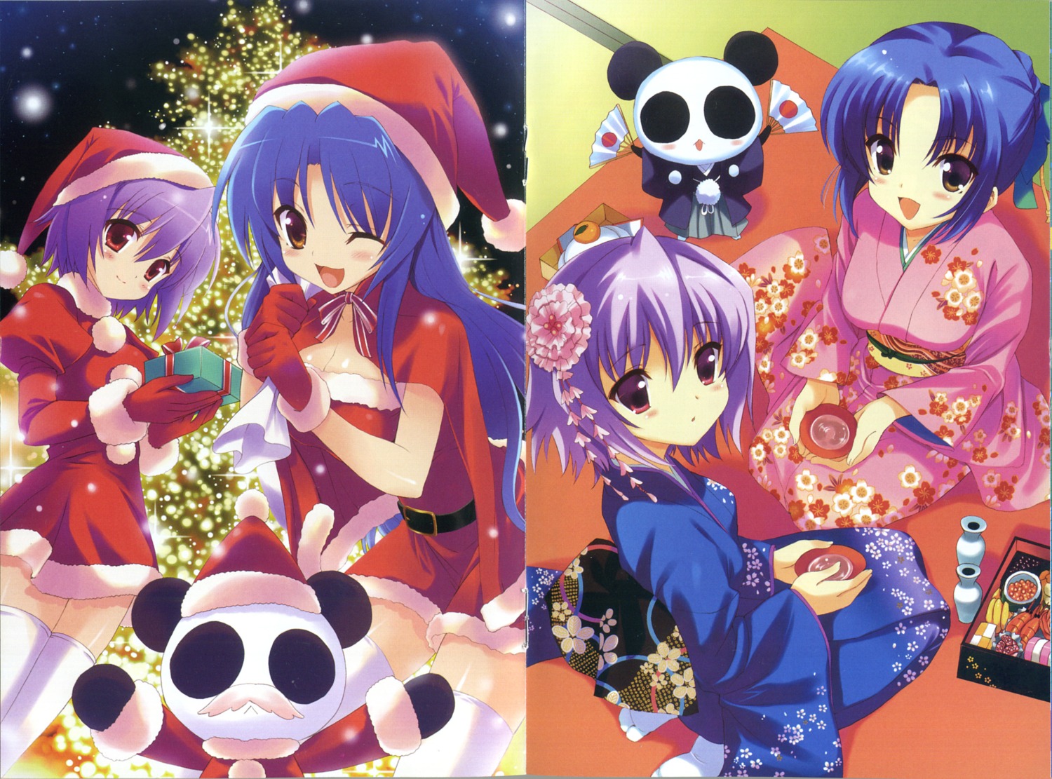 christmas, cleavage, dress, kiba_satoshi, kimono, kujou_herena, melilot, thighhighs