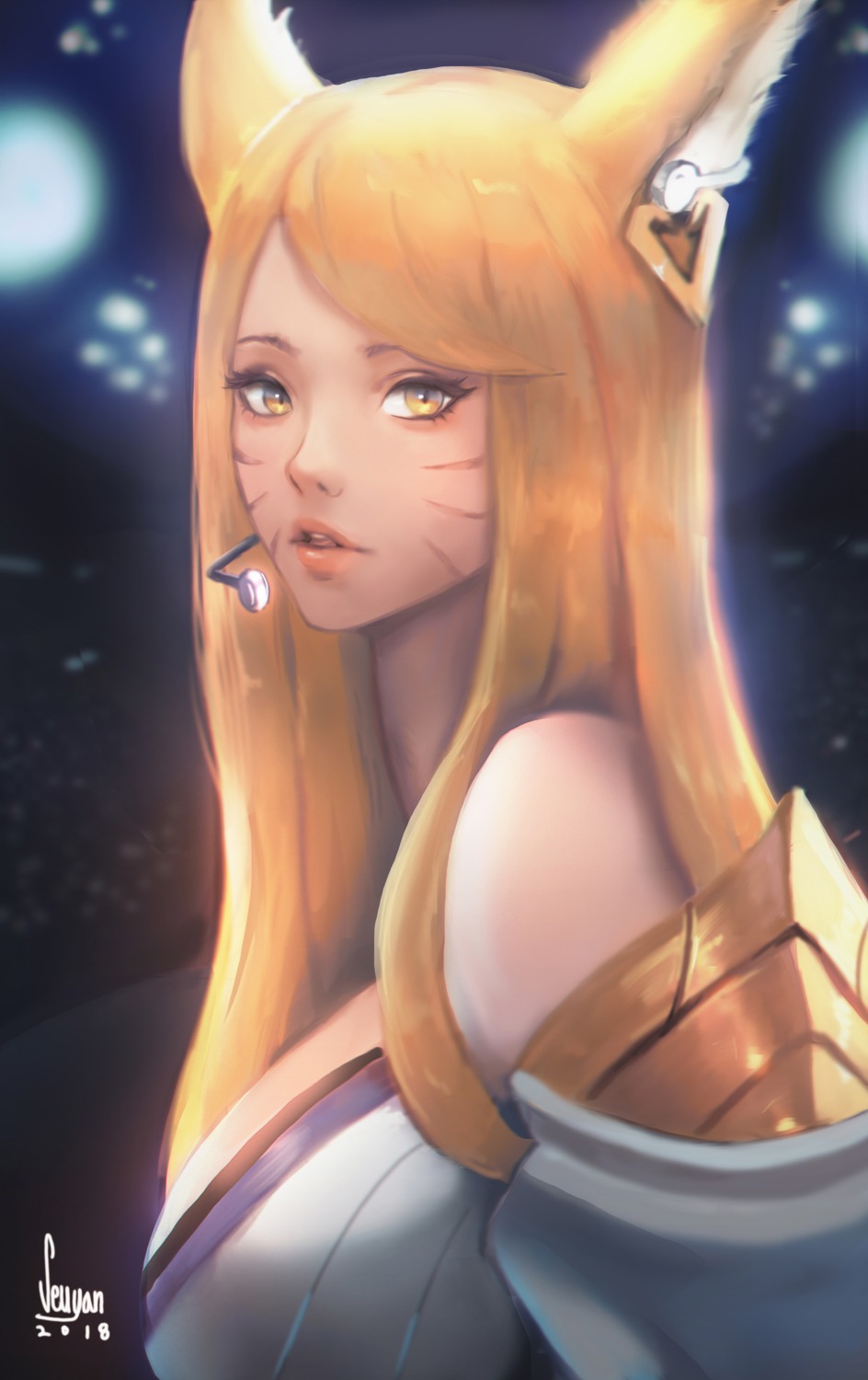 ahri, animal_ears, armor, autographed, league_of_legends, seuyan