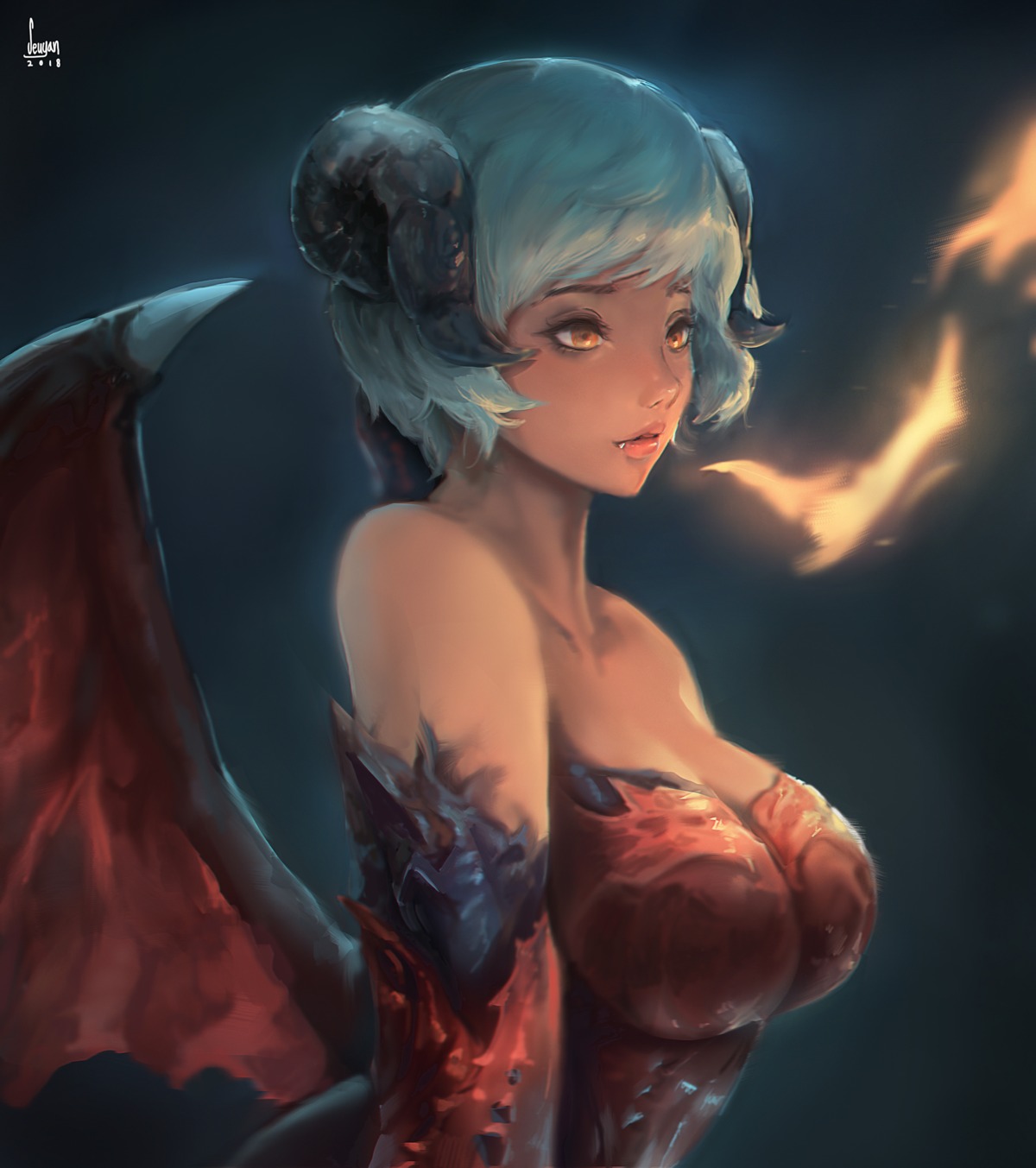autographed, cleavage, horns, monster_girl, seuyan, wings