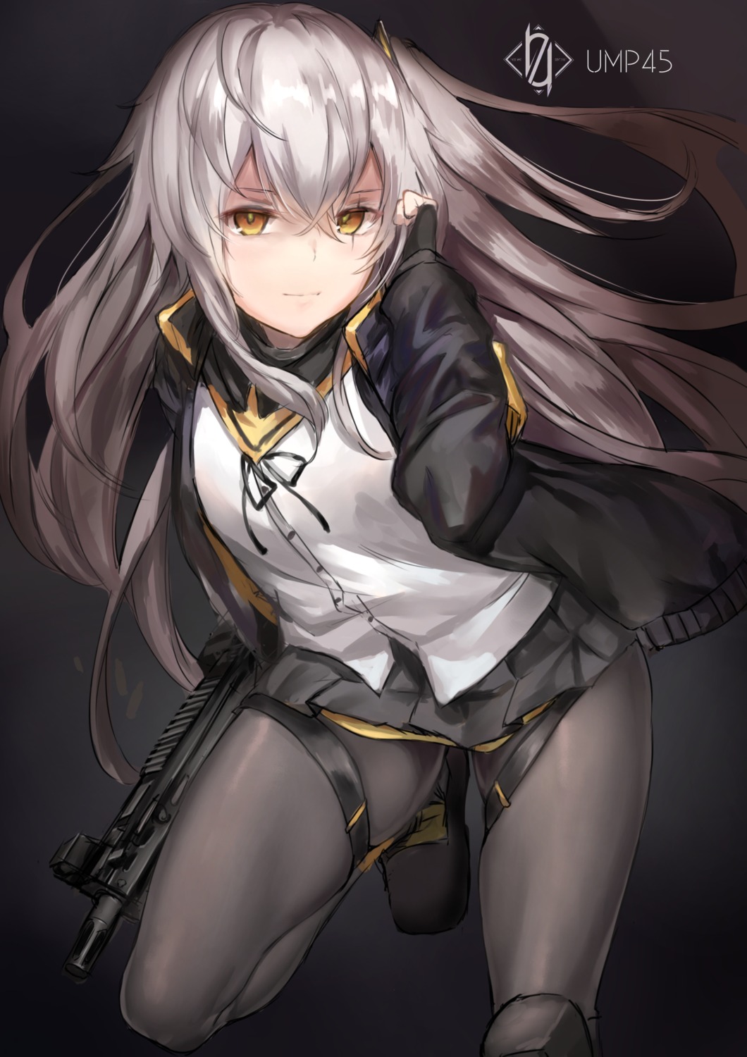 garter, girls_frontline, gun, pantyhose, seifuku, tamazatou, ump45_(girls_frontline)