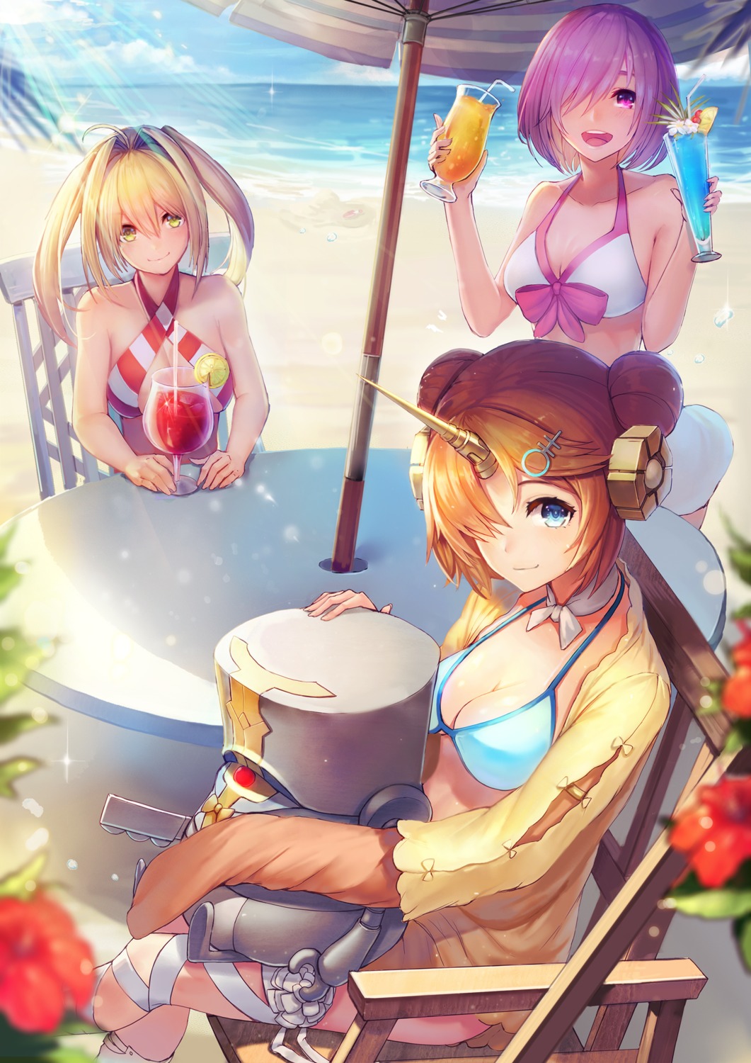 amano_misaki_(artist), bikini, charles_babbage_(fate/grand_order), cleavage, fate/grand_order, frankenstein's_monster_(fate), horns, mash_kyrielight, nero_claudius_(fate), open_shirt, swimsuits