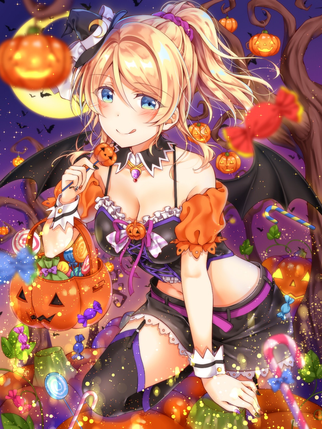 ayase_eli, cleavage, halloween, love_live!, love_live!_(series), mogu_(au1127), stockings, thighhighs, wings