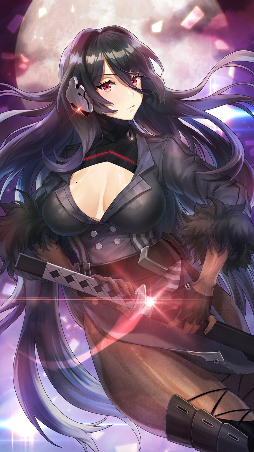 armor, cleavage, kidou_sentai_iron_saga, noixen, oboro_(iron_saga), open_shirt, pantyhose, sword