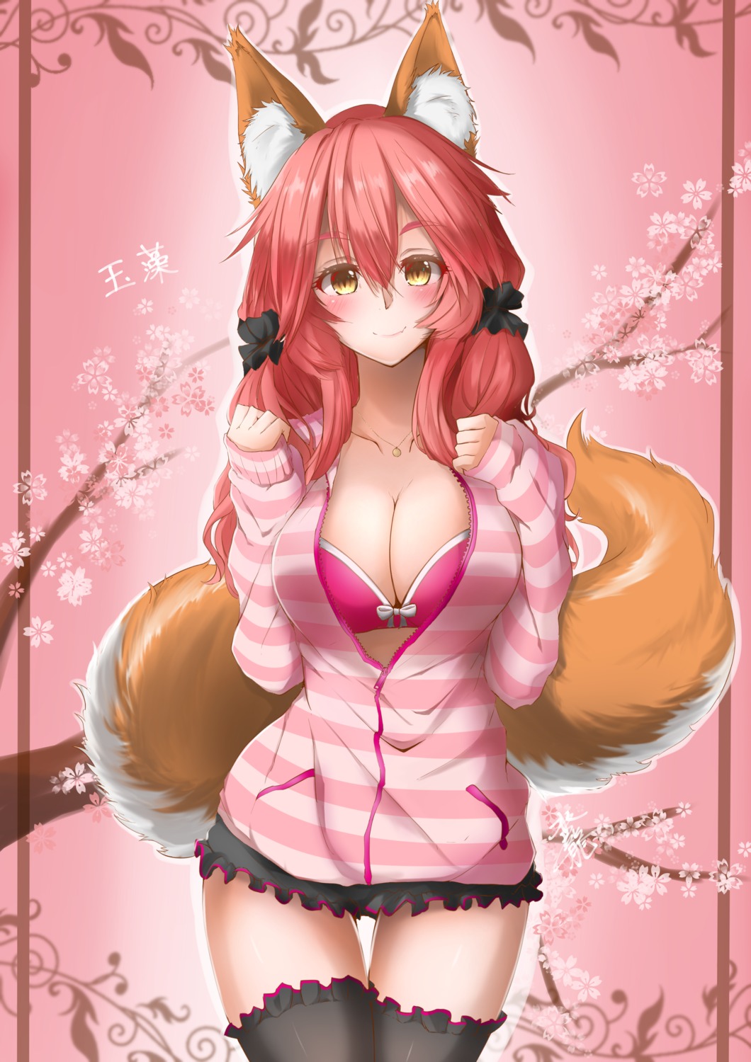 animal_ears, bra, cleavage, fate/grand_order, open_shirt, suiiryu, tail, tamamo_no_mae, thighhighs