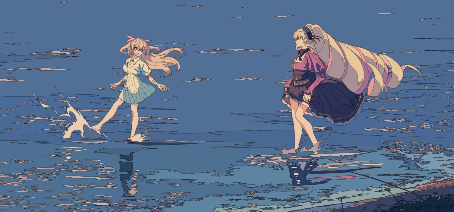 cleavage, cogecha, crossover, deep_web_underground, deep_web_underground_(character), dress, indie_virtual_youtuber, lolita_fashion, natori_sana, skirt_lift, wet