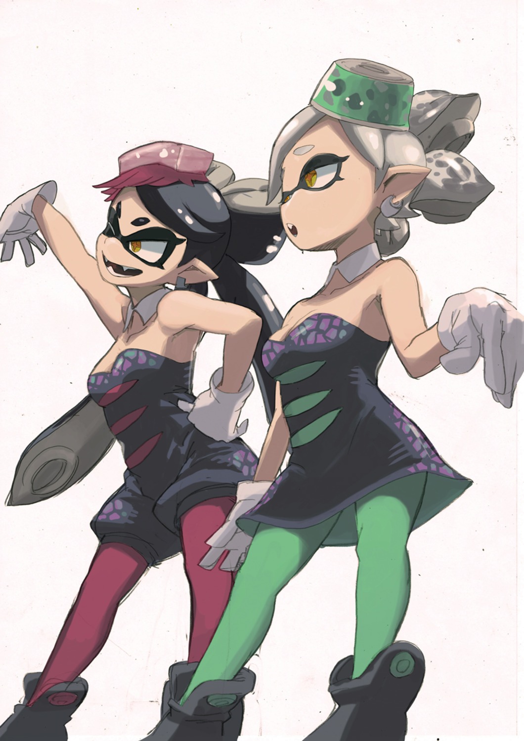 aori_(splatoon), cleavage, dress, horikoshi_kouhei, hotaru_(splatoon), pantyhose, pointy_ears, splatoon
